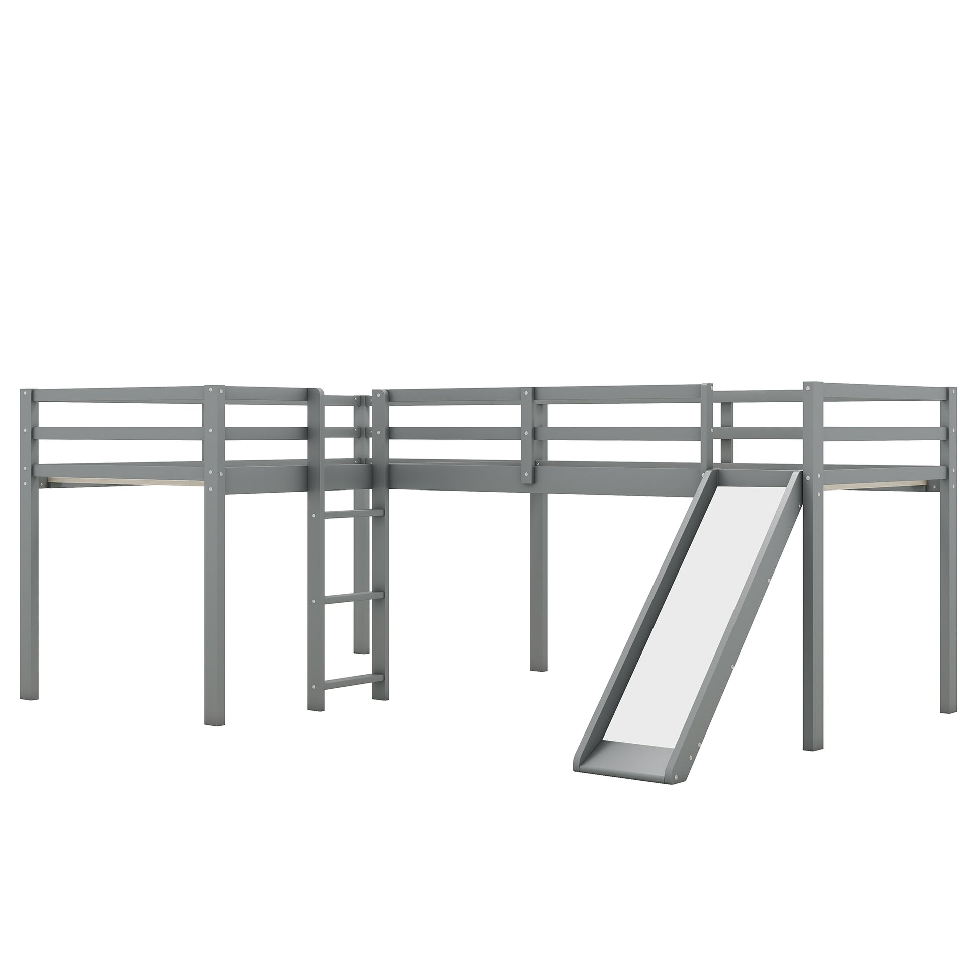 L Shaped Twin Size Loft Bed With Ladder And Slide, Gray Gray Solid Wood Mdf