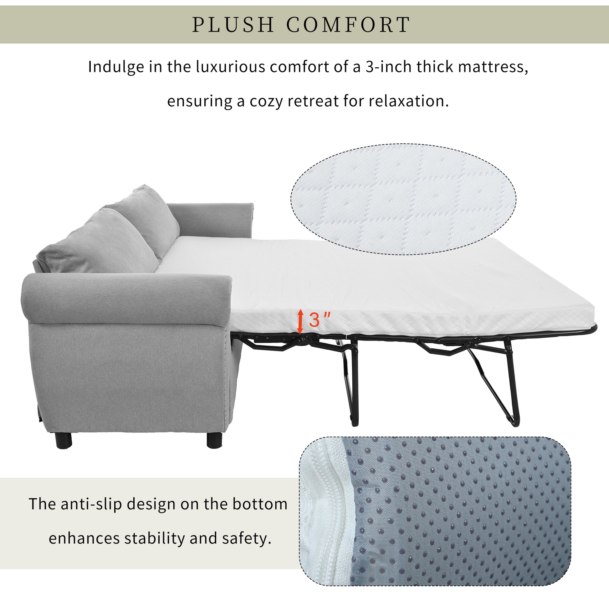 80.7'' 2 In 1 Sofa Bed Sleeper With Large Memory Mattress 63''*70.9*3.3 Inch , For Living Room Spaces Bedroom Gray Polyester