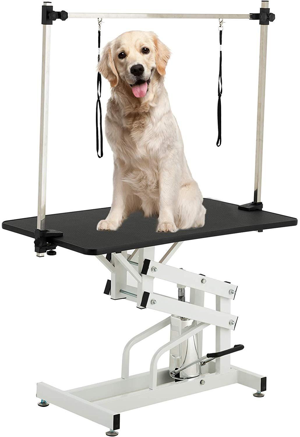 43 Inch Adjustable Heavy Type Hydraulic Pet Dog Grooming Table Upgraded Professional Drying Table Heavy Duty Frame With Adjustable Arm And Noose Black White Carbon Steel