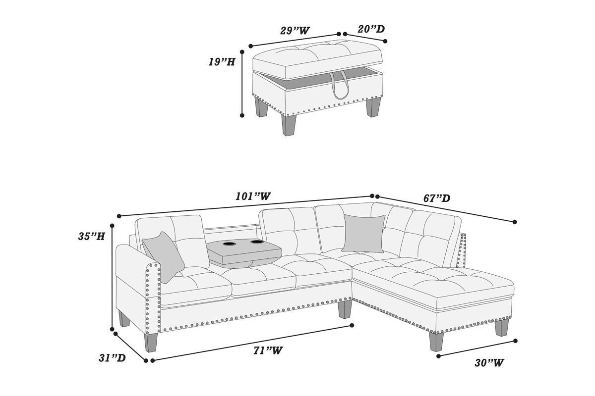 Grey Faux Leather Living Room Furniture 3 Pcs Sectional Sofa Set Laf Sofa Raf Chaise And Storage Ottoman Cup Holder Couch Grey Primary Living Space Contemporary,Modern,Transitional L Shaped Rubberwood Faux Leather 5 Seat