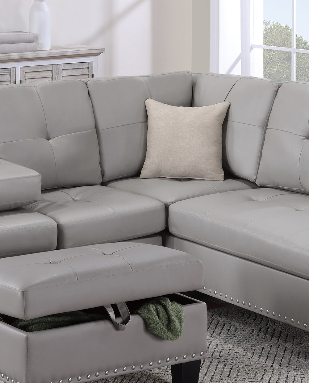 Grey Faux Leather Living Room Furniture 3 Pcs Sectional Sofa Set Laf Sofa Raf Chaise And Storage Ottoman Cup Holder Couch Grey Primary Living Space Contemporary,Modern,Transitional L Shaped Rubberwood Faux Leather 5 Seat