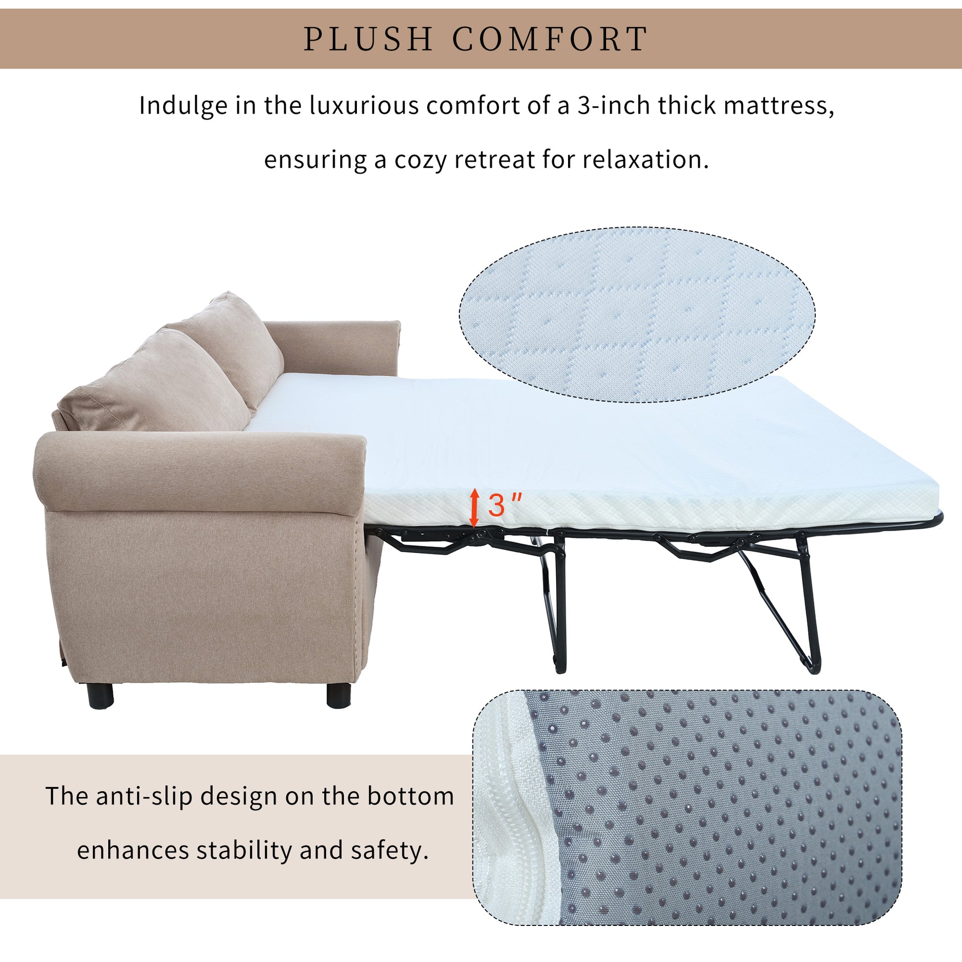 80.7'' 2 In 1 Sofa Bed Sleeper With Large Mattress 63''*70.9*3.3 Inch , For Living Room Spaces Bedroom Beige Polyester