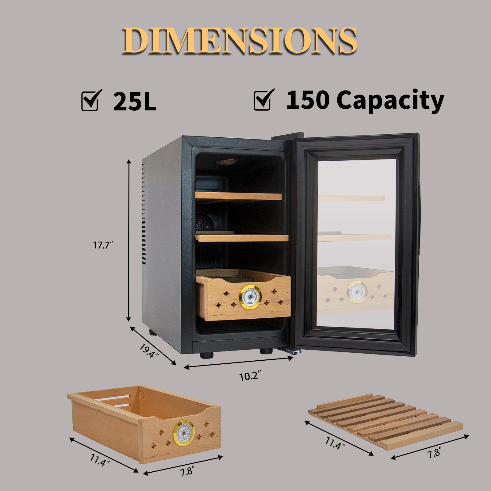 25L Humidors With Cooling And Heating Function150Counts Capacity Humidor Humidifiers With Constant Temperature Controller, Father'S Day Gift For Men Black Steel