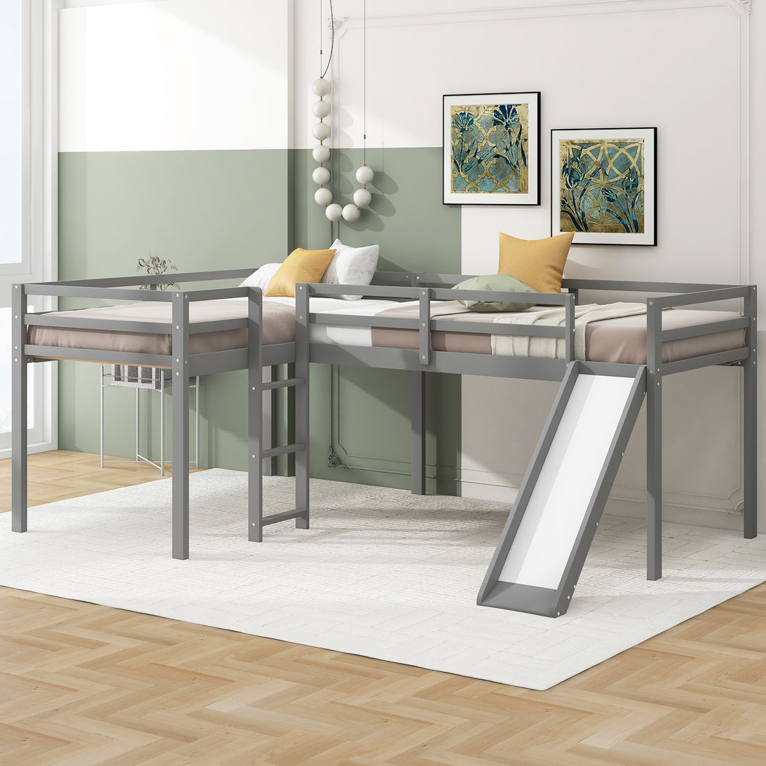 L Shaped Twin Size Loft Bed With Ladder And Slide, Gray Gray Solid Wood Mdf