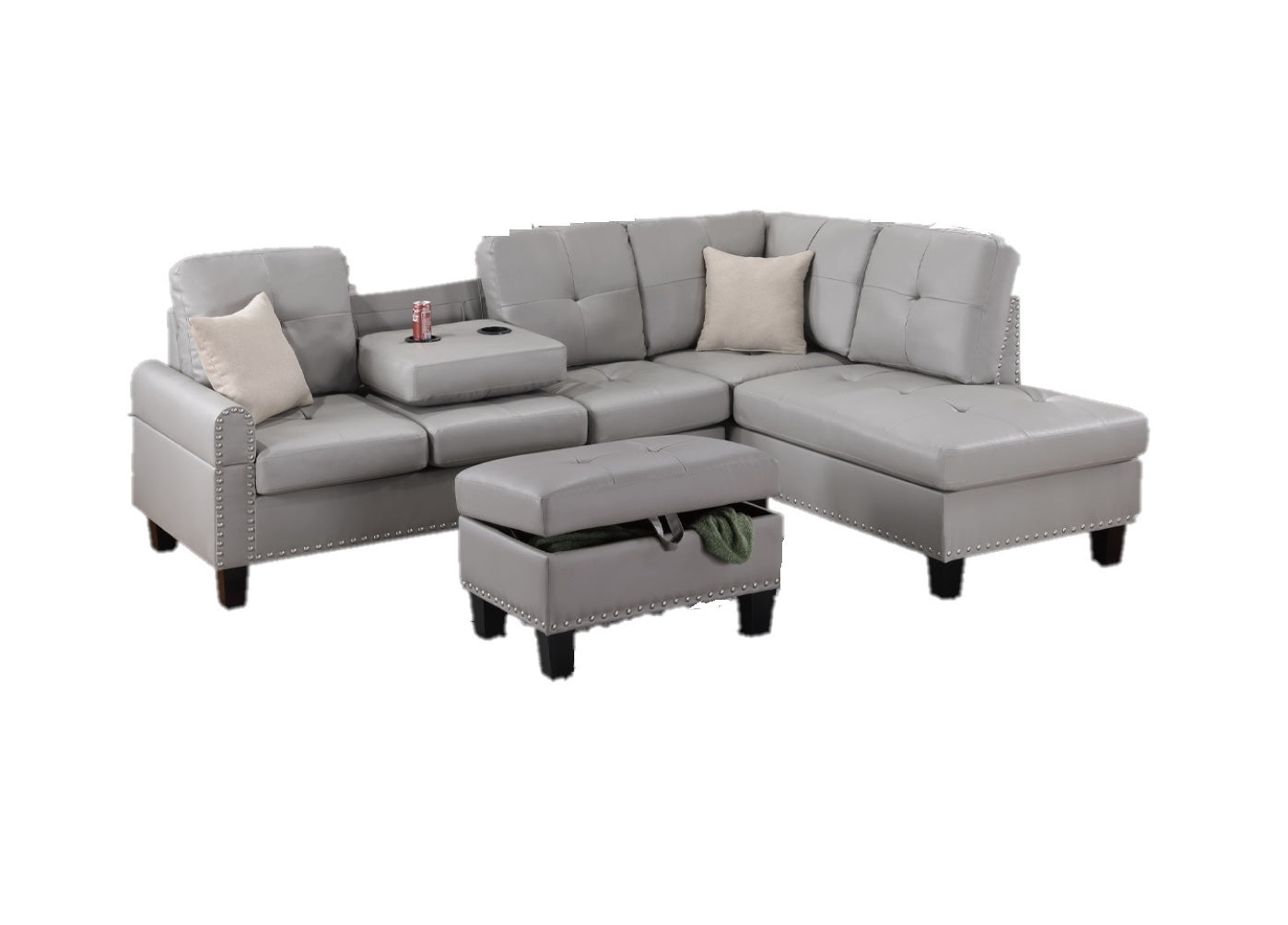 Grey Faux Leather Living Room Furniture 3 Pcs Sectional Sofa Set Laf Sofa Raf Chaise And Storage Ottoman Cup Holder Couch Grey Primary Living Space Contemporary,Modern,Transitional L Shaped Rubberwood Faux Leather 5 Seat