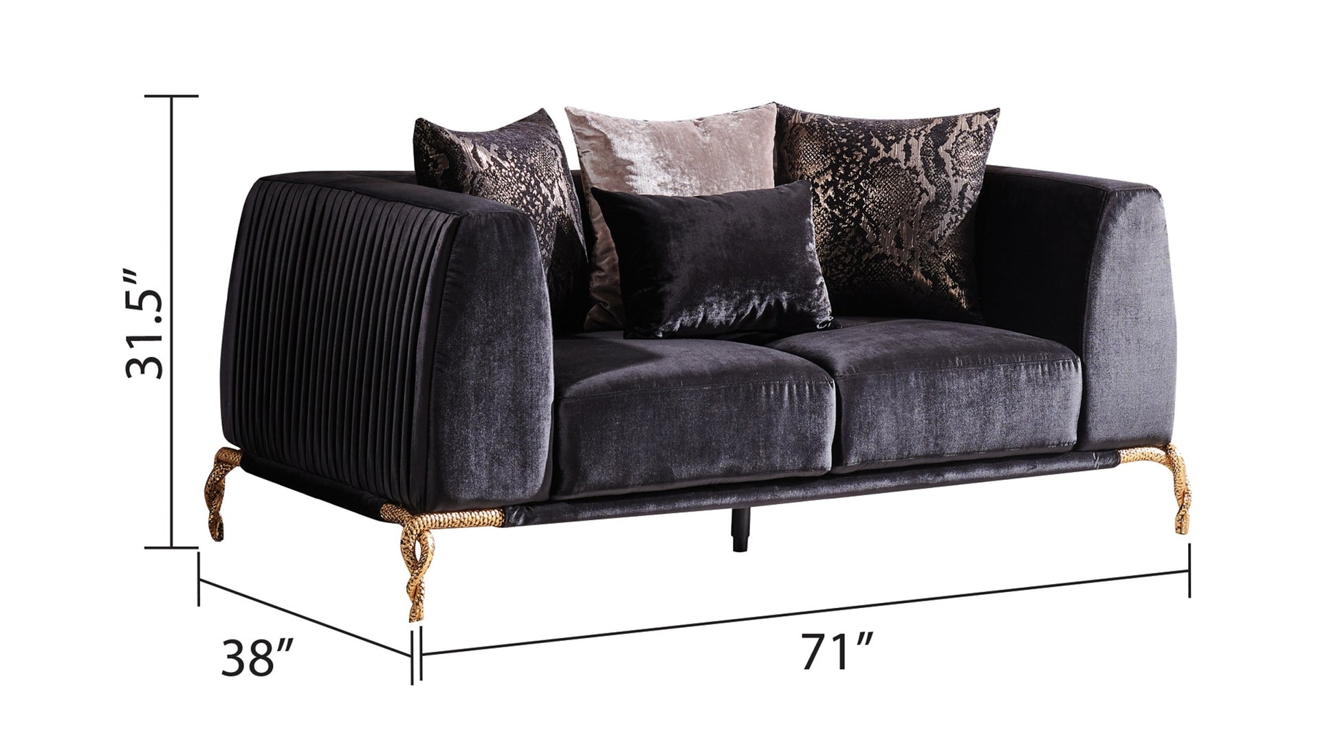 Majestic Shiny Thick Velvet Fabric Upholstered Loveseat Made With Wood Finished In Black Black Velvet Wood Primary Living Space Soft Contemporary,Modern Square Arms Upholstered Wood