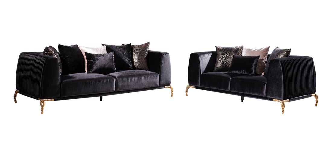 Majestic Shiny Thick Velvet Fabric Upholstered 2Pc Living Room Set Made With Wood In Black Black Velvet Wood Primary Living Space Tight Back Contemporary,Modern Upholstered Wood 5 Seat