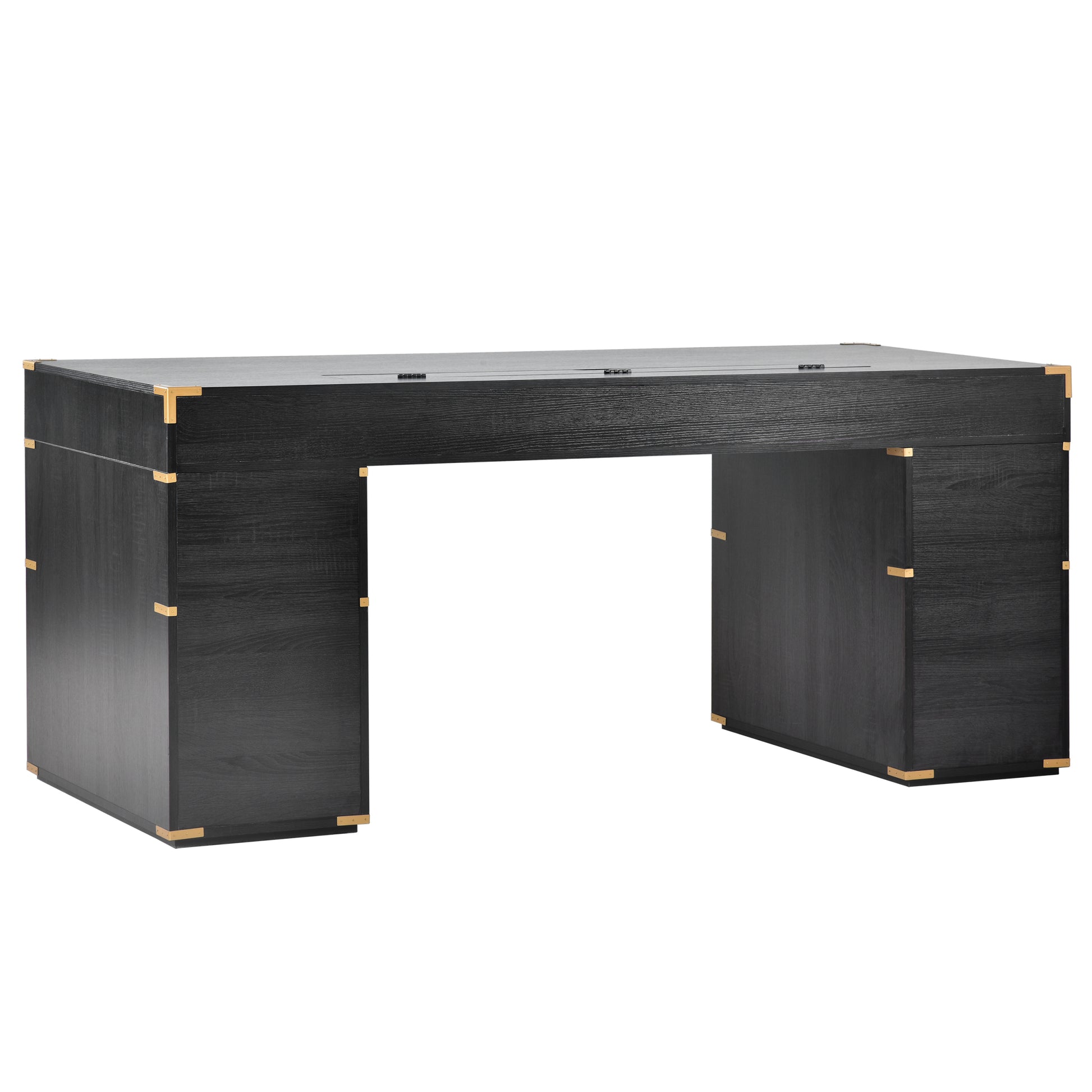 70"Classic And Traditional Executive Desk With Metal Edge Trim ,Writing Desk With 2 File Drawers,Usb Ports And Outlets,Desk With Hidden Compartment For Living Room,Home Office,Study Room,Black Black Gold Mdf Metal