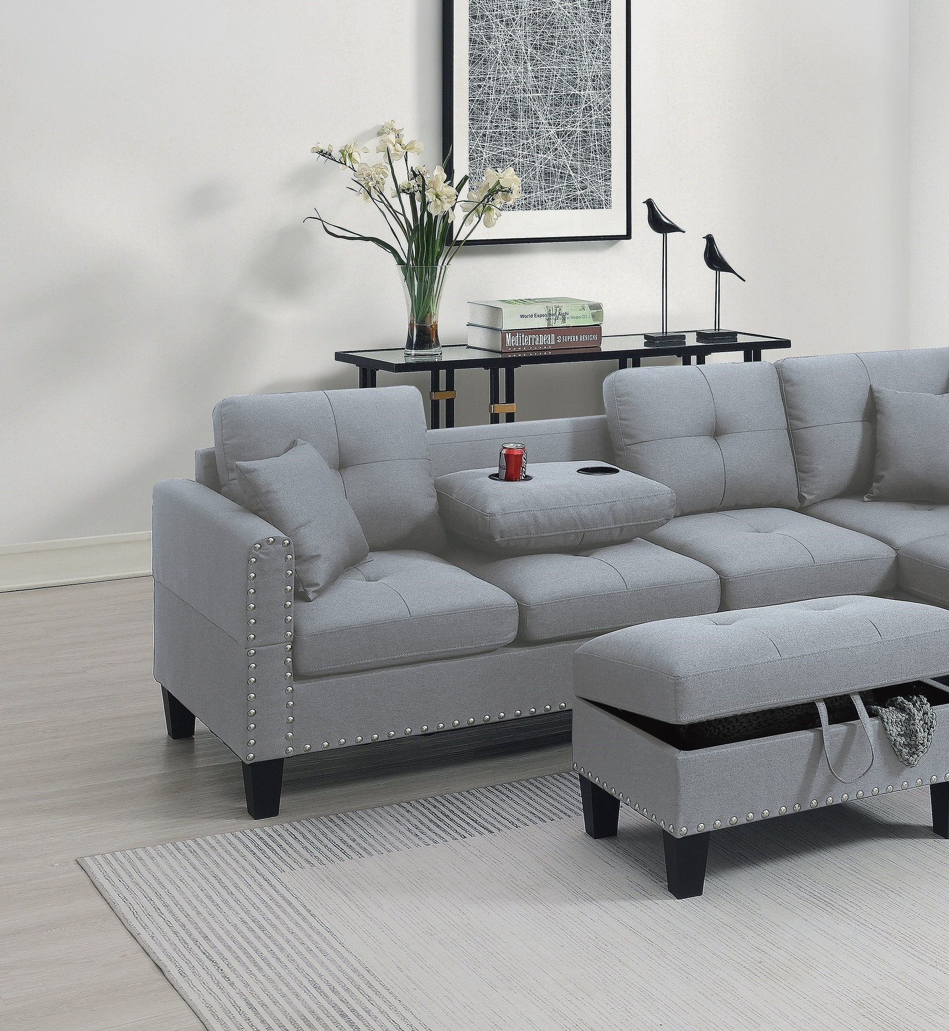 Living Room Furniture 3 Pcs Sectional Sofa Set Laf Sofa Raf Chaise And Storage Ottoman Cup Holder Taupe Grey Color Linen Like Fabric Couch Gray Taupe Nordic Primary Living Space Contemporary,Modern,Transitional L Shaped Rubberwood Fabric 5 Seat