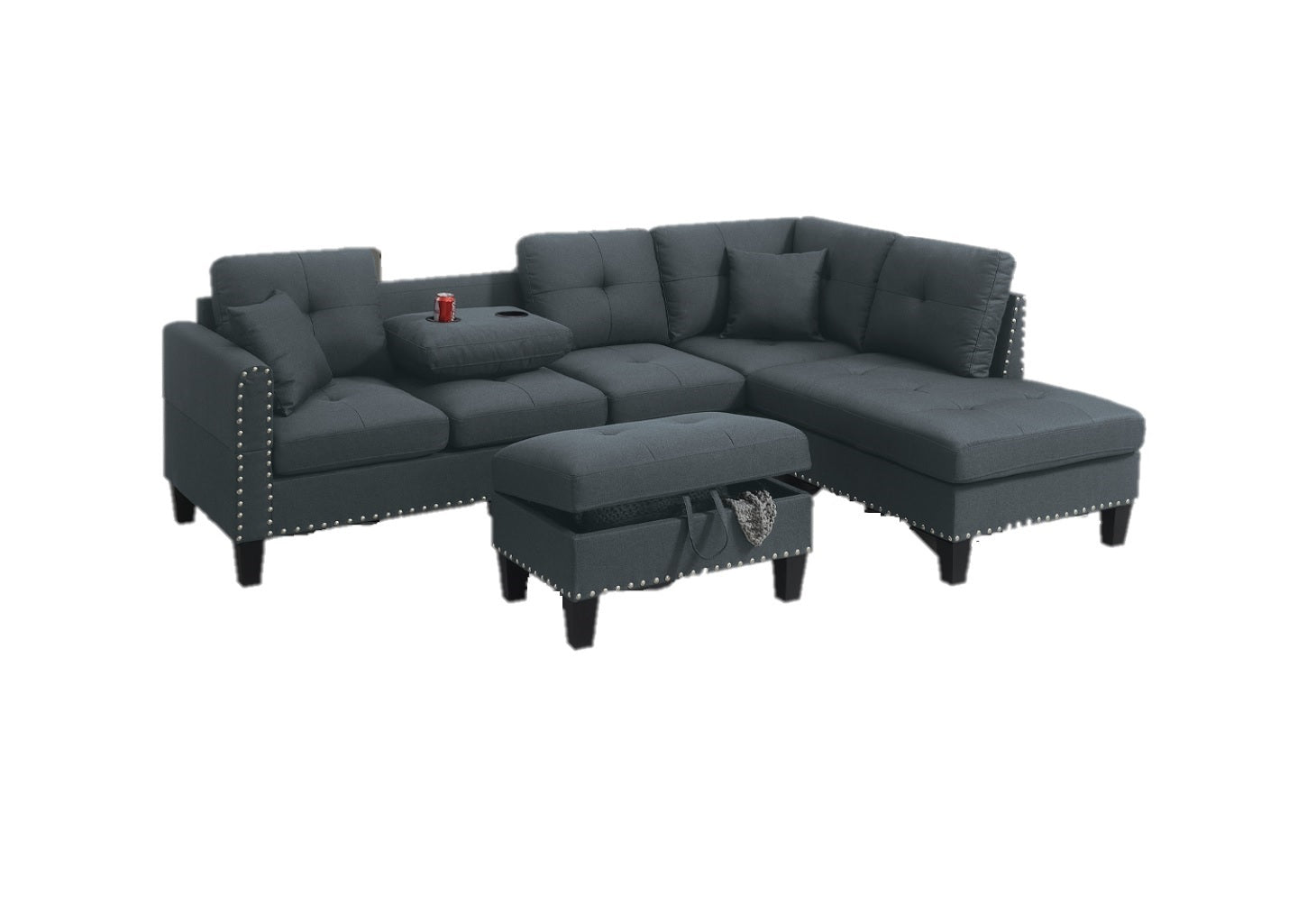 Living Room Furniture 3 Pcs Sectional Sofa Set Laf Sofa Raf Chaise And Storage Ottoman Cup Holder Charcoal Color Linen Like Fabric Couch Charcoal Primary Living Space Contemporary,Modern,Transitional L Shaped Rubberwood Fabric 5 Seat