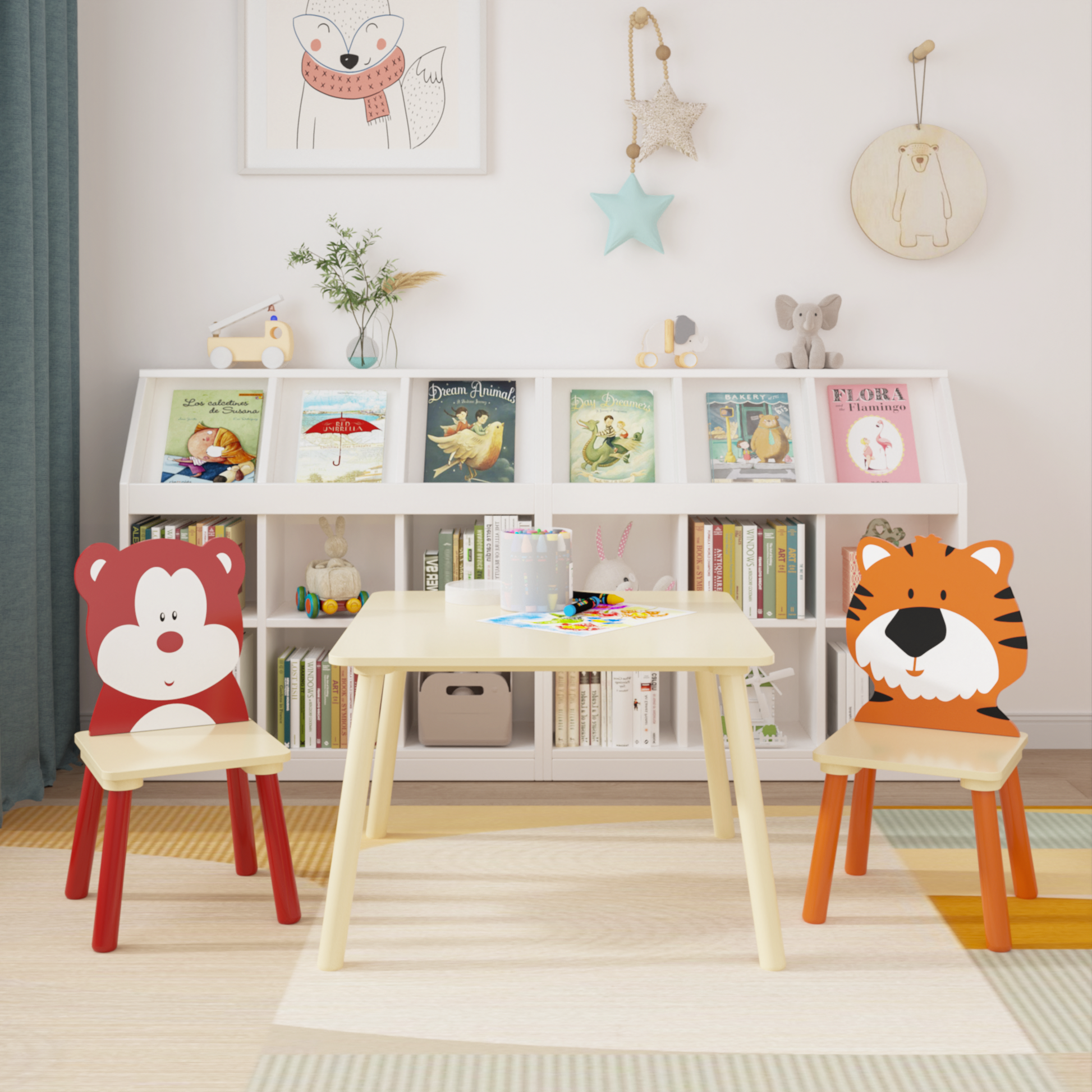 Kids Table And 2 Chairs Set, 3 Pieces Toddler Table And Chair Set, Wooden Activity Play Table Set Bear&Tiger Natural Solid Wood Mdf