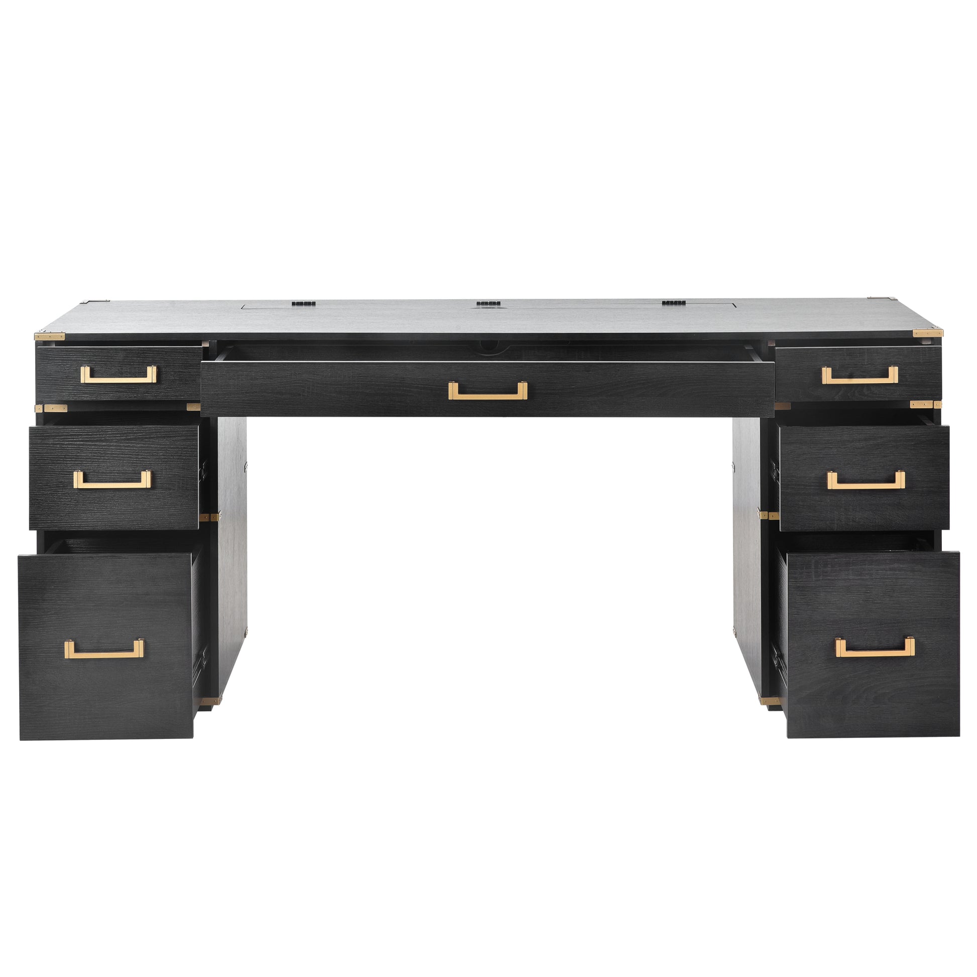 70"Classic And Traditional Executive Desk With Metal Edge Trim ,Writing Desk With 2 File Drawers,Usb Ports And Outlets,Desk With Hidden Compartment For Living Room,Home Office,Study Room,Black Black Gold Mdf Metal