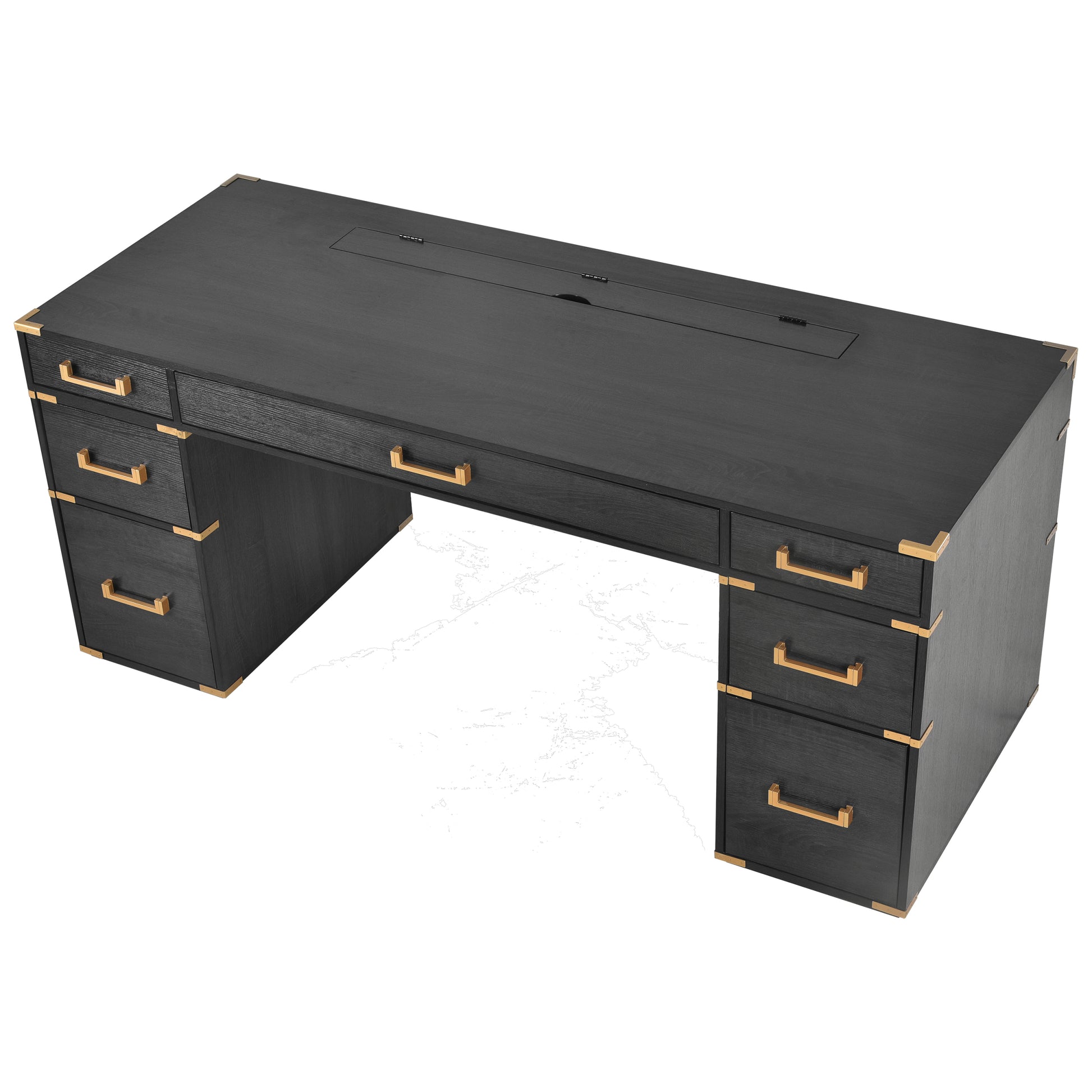 70"Classic And Traditional Executive Desk With Metal Edge Trim ,Writing Desk With 2 File Drawers,Usb Ports And Outlets,Desk With Hidden Compartment For Living Room,Home Office,Study Room,Black Black Gold Mdf Metal