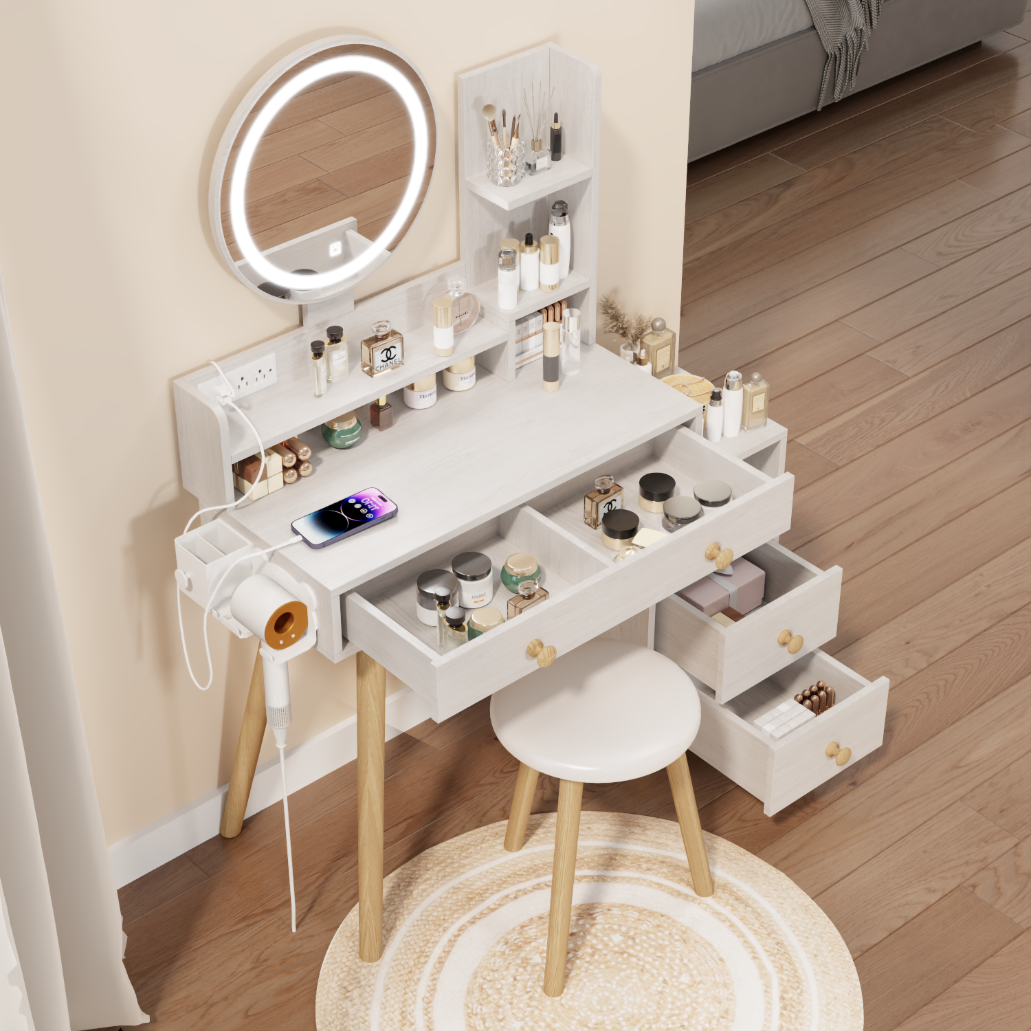 Round Mirror Bedside Cabinet Vanity Table Cushioned Stool, With 2 Ac Power 2 Usb Socket, 17" Diameter Led Mirror, Touch Control, 3 Color, Brightness Adjustable, Large Desktop, Multi Layer Storage White Oak Mdf