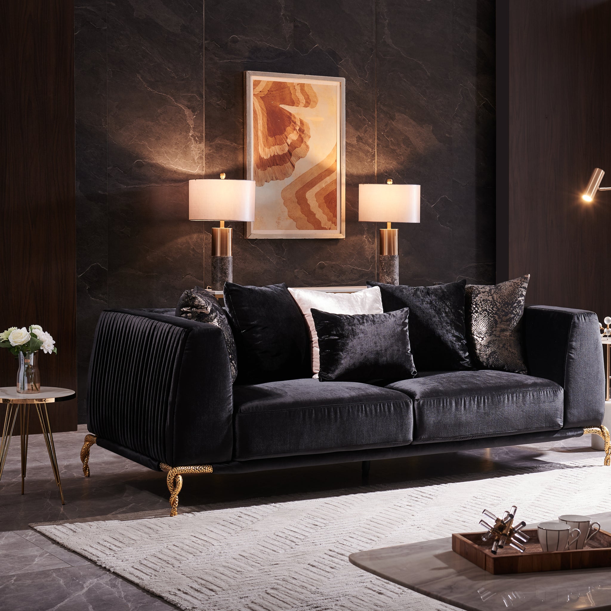 Majestic Shiny Thick Velvet Fabric Upholstered Sofa Made With Wood Finished In Black Black Velvet Wood Primary Living Space Soft Contemporary,Modern Square Arms Upholstered Wood