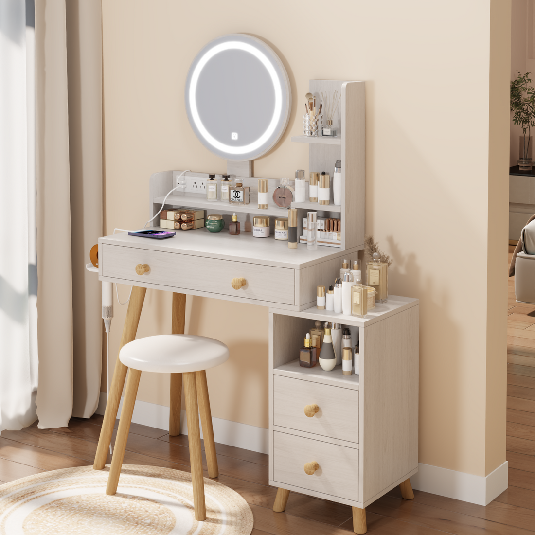 Round Mirror Bedside Cabinet Vanity Table Cushioned Stool, With 2 Ac Power 2 Usb Socket, 17" Diameter Led Mirror, Touch Control, 3 Color, Brightness Adjustable, Large Desktop, Multi Layer Storage White Oak Mdf