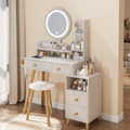 Round Mirror Bedside Cabinet Vanity Table Cushioned Stool, With 2 Ac Power 2 Usb Socket, 17