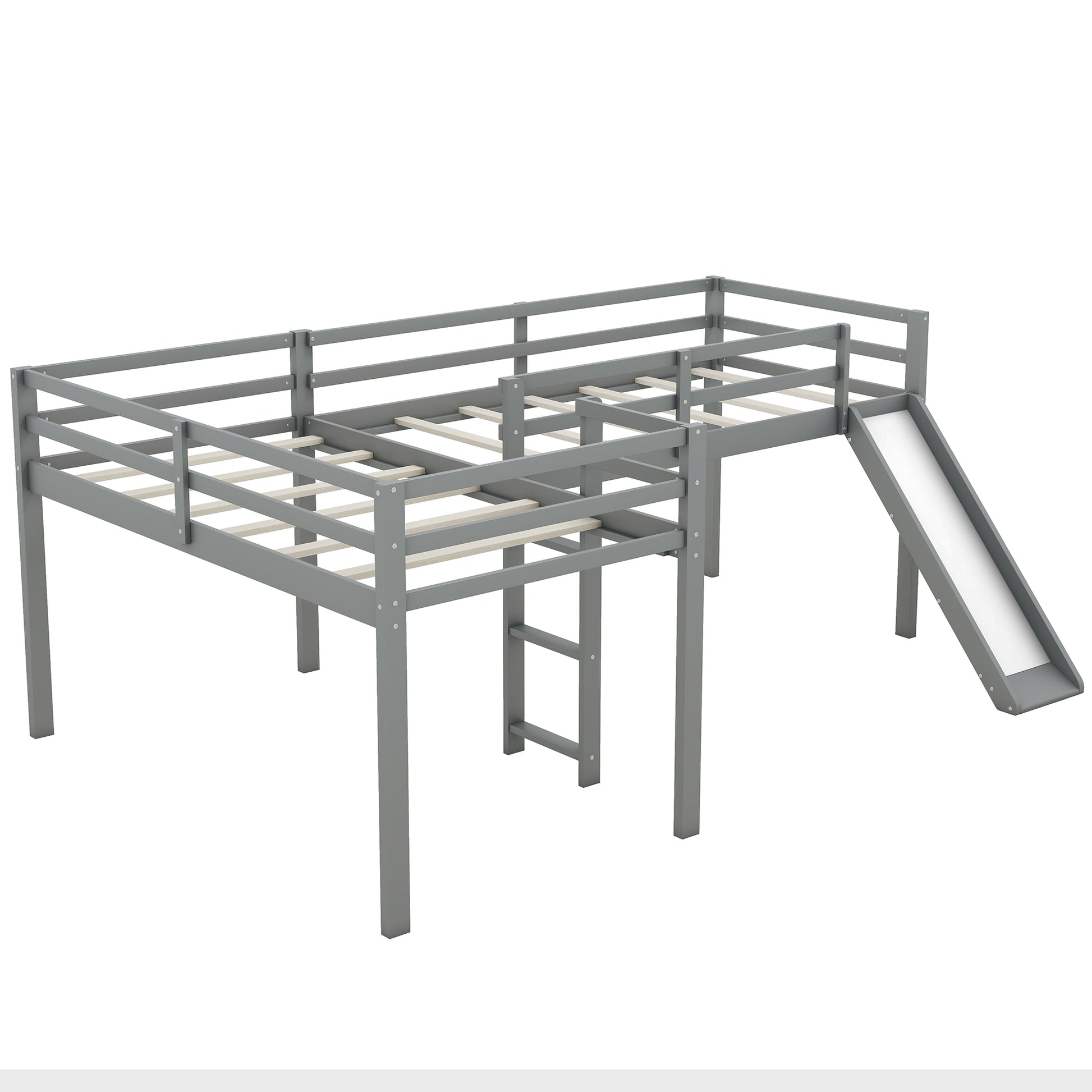 L Shaped Twin Size Loft Bed With Ladder And Slide, Gray Gray Solid Wood Mdf