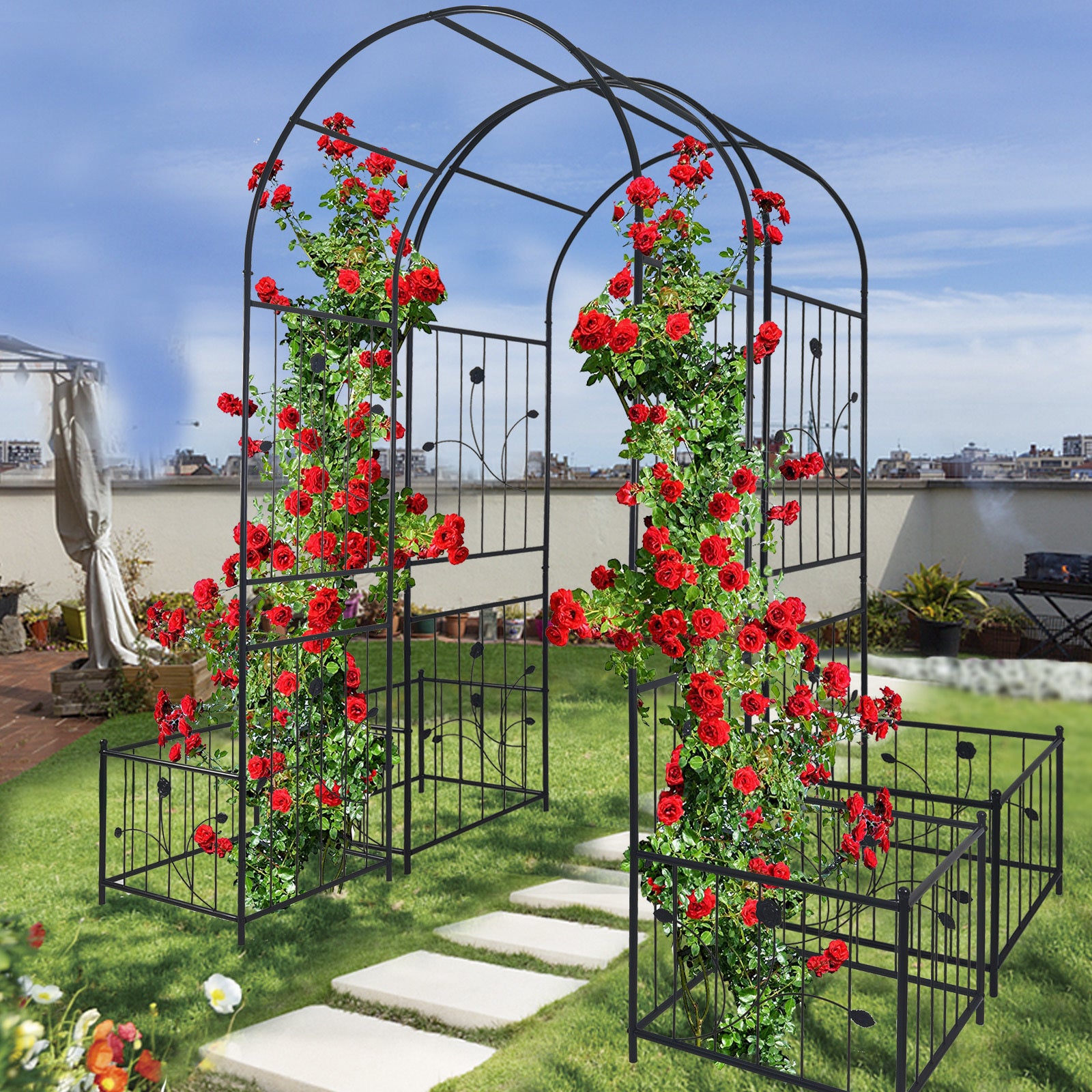 Metal Garden Arch With Two Plant Stands 79.5'' Wide X 86.6'' High Climbing Plants Support Rose Arch Outdoor Black Black Iron