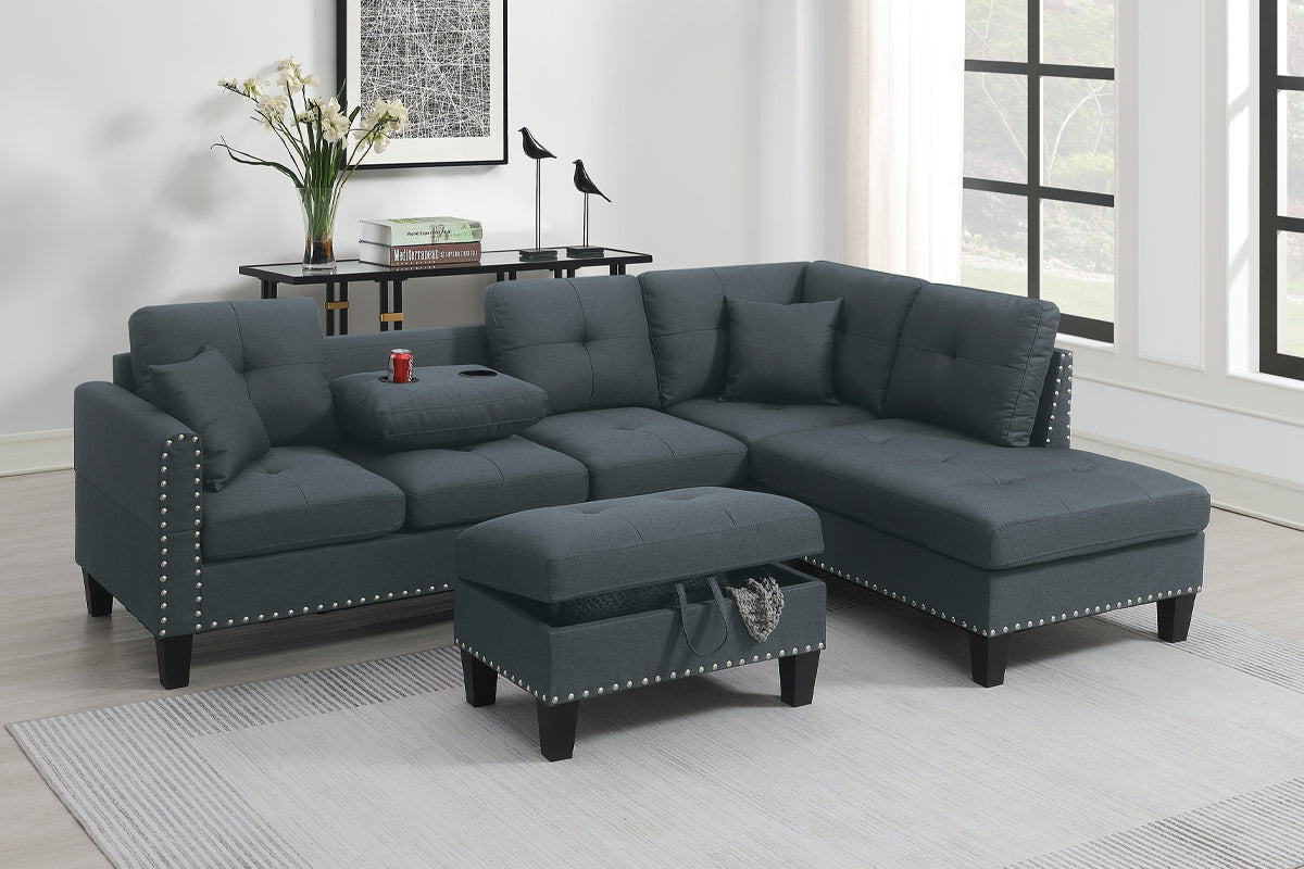 Living Room Furniture 3 Pcs Sectional Sofa Set Laf Sofa Raf Chaise And Storage Ottoman Cup Holder Charcoal Color Linen Like Fabric Couch Charcoal Primary Living Space Contemporary,Modern,Transitional L Shaped Rubberwood Fabric 5 Seat