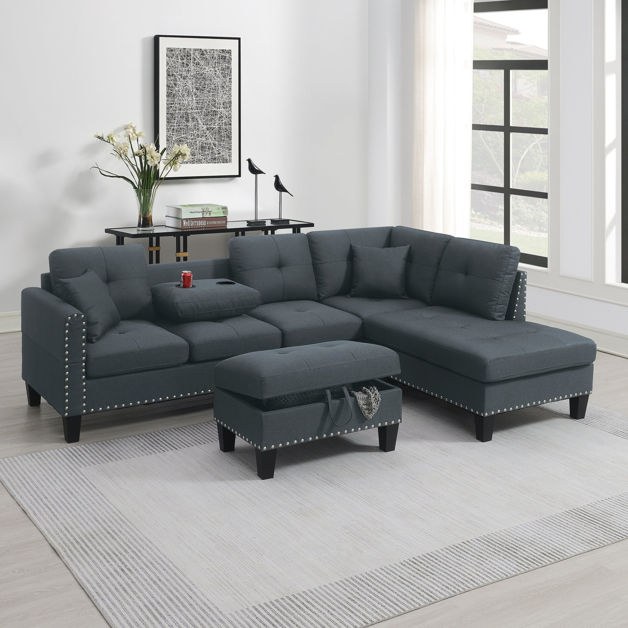 Living Room Furniture 3 Pcs Sectional Sofa Set Laf Sofa Raf Chaise And Storage Ottoman Cup Holder Charcoal Color Linen Like Fabric Couch Charcoal Primary Living Space Contemporary,Modern,Transitional L Shaped Rubberwood Fabric 5 Seat