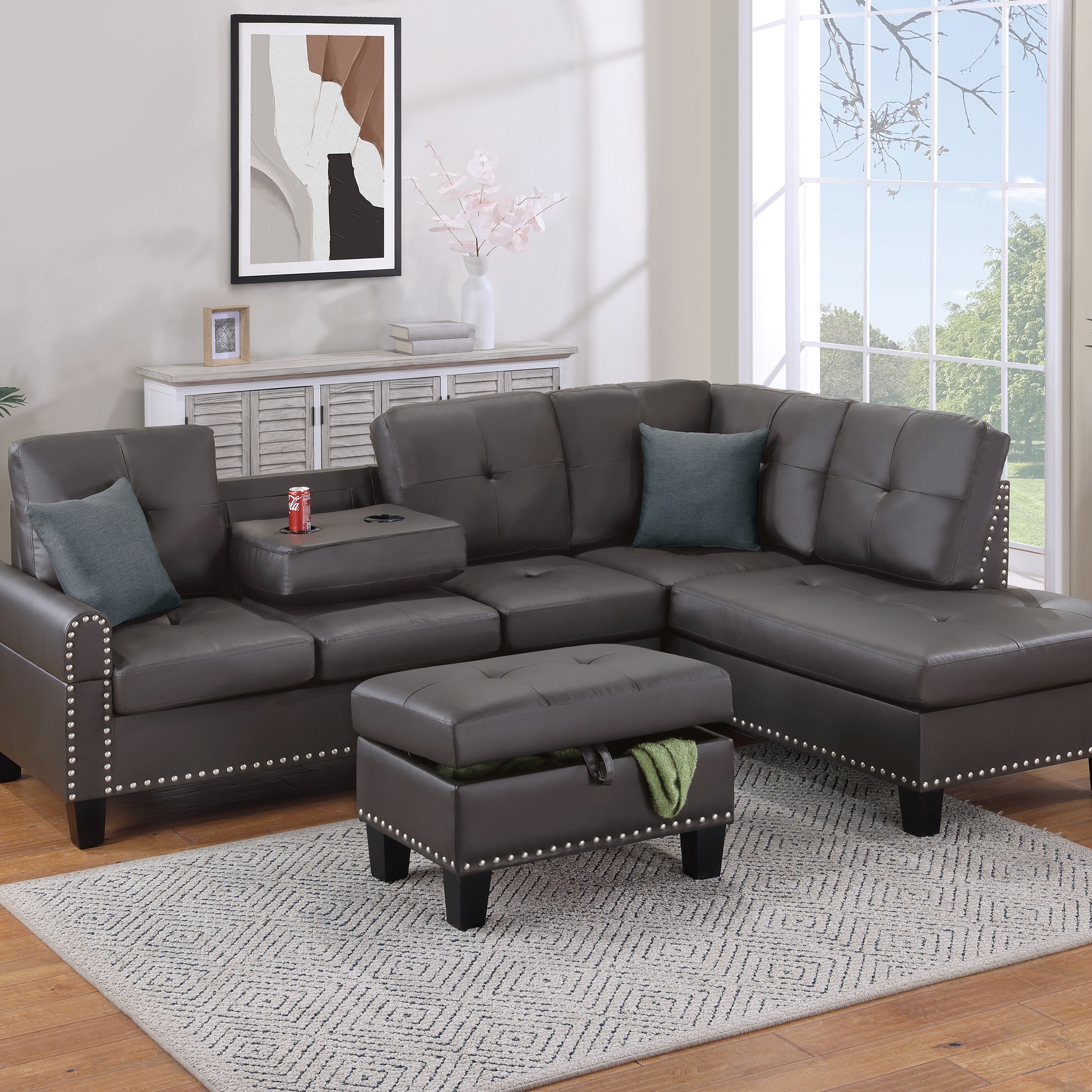 Espresso Faux Leather Living Room Furniture 3 Pcs Sectional Sofa Set Laf Sofa Raf Chaise And Storage Ottoman Cup Holder Couch Espresso Primary Living Space Contemporary,Modern,Transitional L Shaped Rubberwood Faux Leather 5 Seat