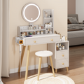 Round Mirror Bedside Cabinet Vanity Table Cushioned Stool, With 2 Ac Power 2 Usb Socket, 17