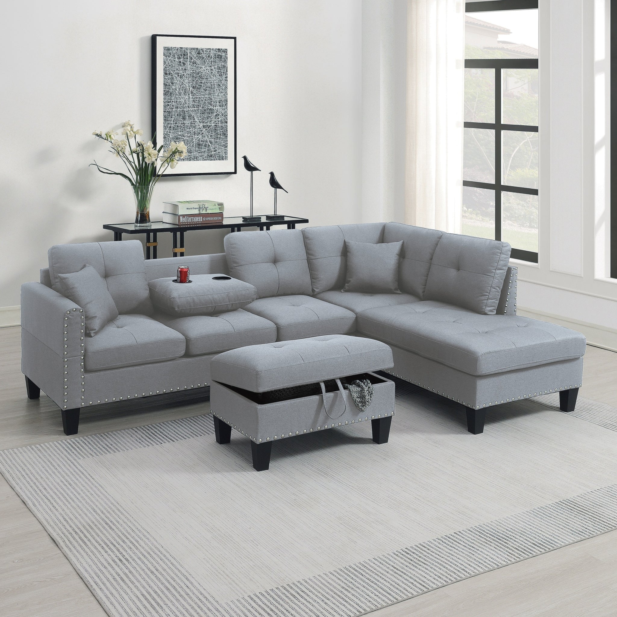 Living Room Furniture 3 Pcs Sectional Sofa Set Laf Sofa Raf Chaise And Storage Ottoman Cup Holder Taupe Grey Color Linen Like Fabric Couch Gray Taupe Nordic Primary Living Space Contemporary,Modern,Transitional L Shaped Rubberwood Fabric 5 Seat