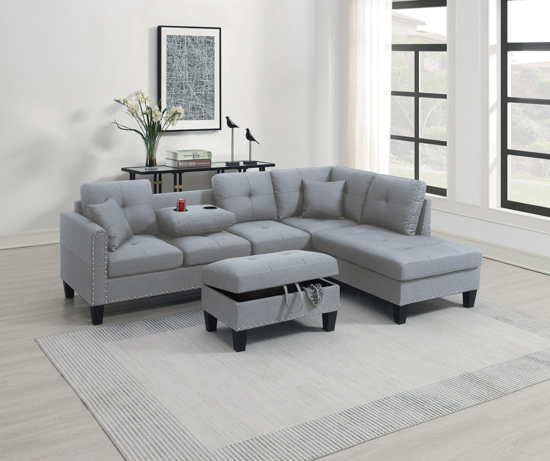 Living Room Furniture 3 Pcs Sectional Sofa Set Laf Sofa Raf Chaise And Storage Ottoman Cup Holder Taupe Grey Color Linen Like Fabric Couch Gray Taupe Nordic Primary Living Space Contemporary,Modern,Transitional L Shaped Rubberwood Fabric 5 Seat