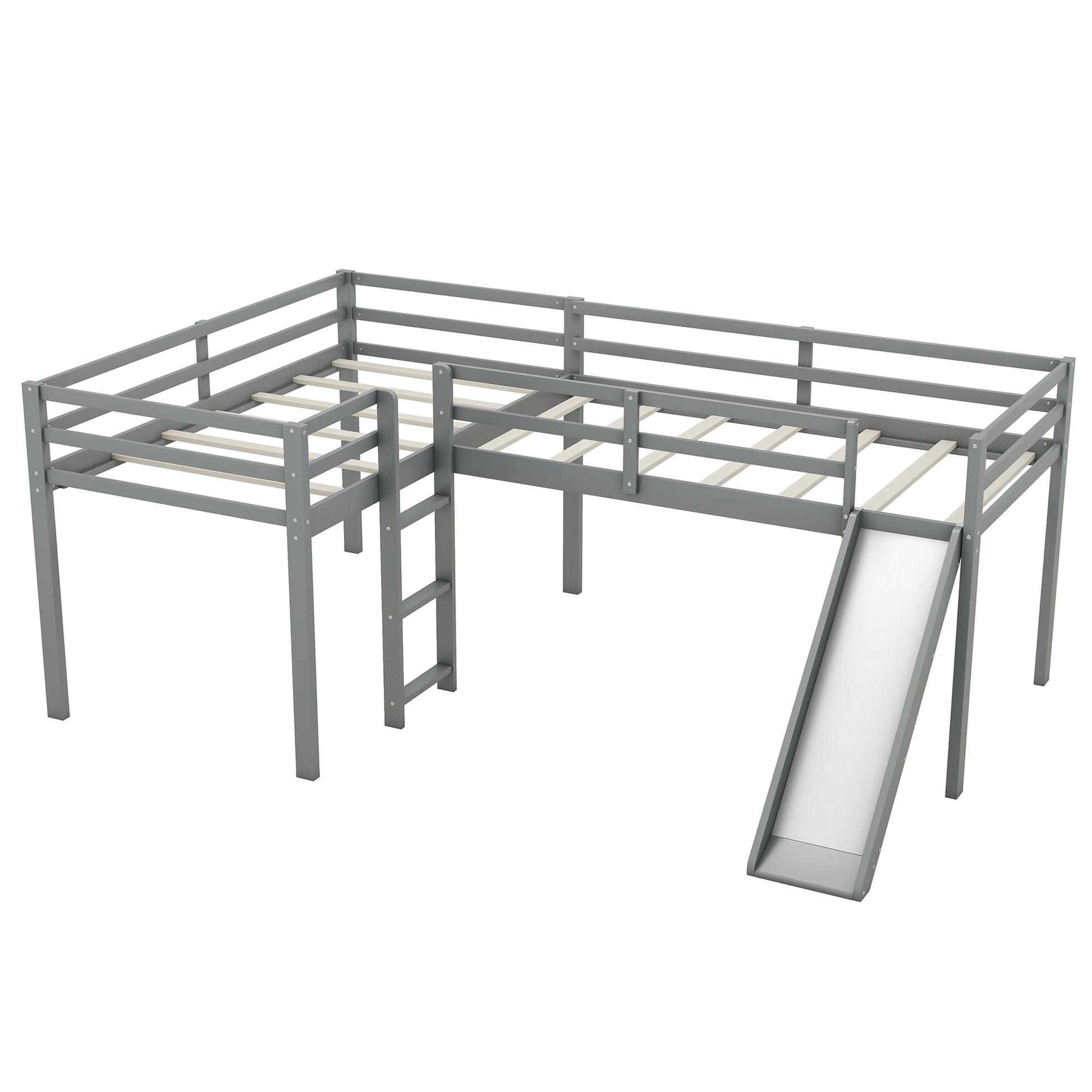 L Shaped Twin Size Loft Bed With Ladder And Slide, Gray Gray Solid Wood Mdf