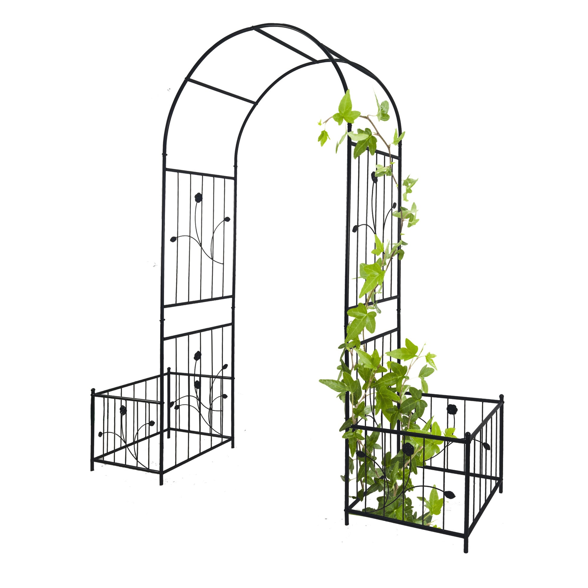 Metal Garden Arch With Two Plant Stands 79.5'' Wide X 86.6'' High Climbing Plants Support Rose Arch Outdoor Black Black Iron