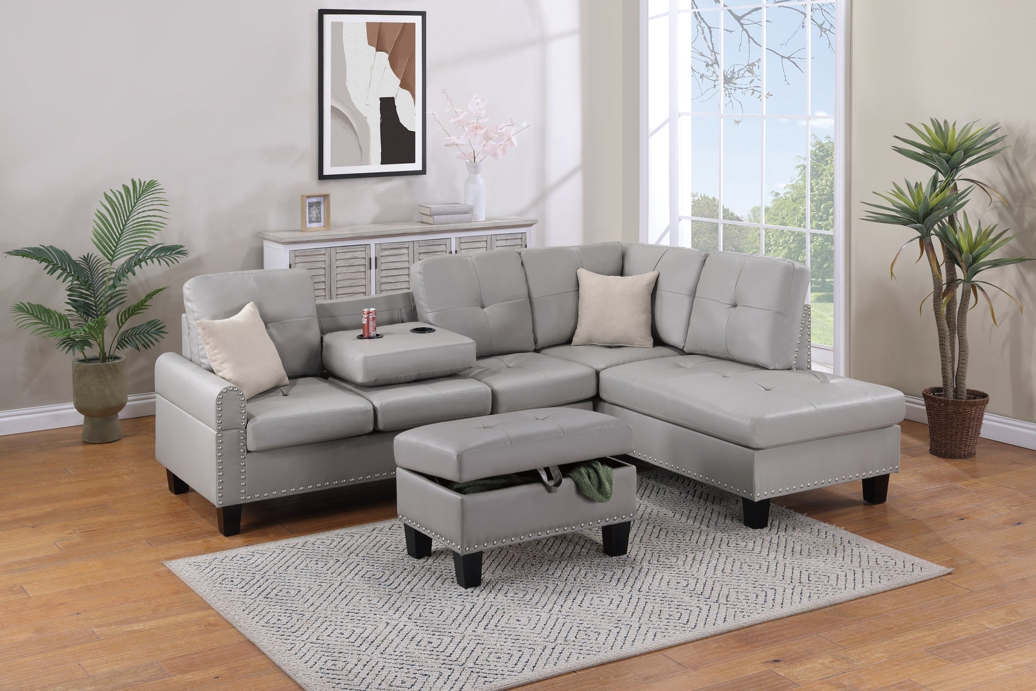 Grey Faux Leather Living Room Furniture 3 Pcs Sectional Sofa Set Laf Sofa Raf Chaise And Storage Ottoman Cup Holder Couch Grey Primary Living Space Contemporary,Modern,Transitional L Shaped Rubberwood Faux Leather 5 Seat