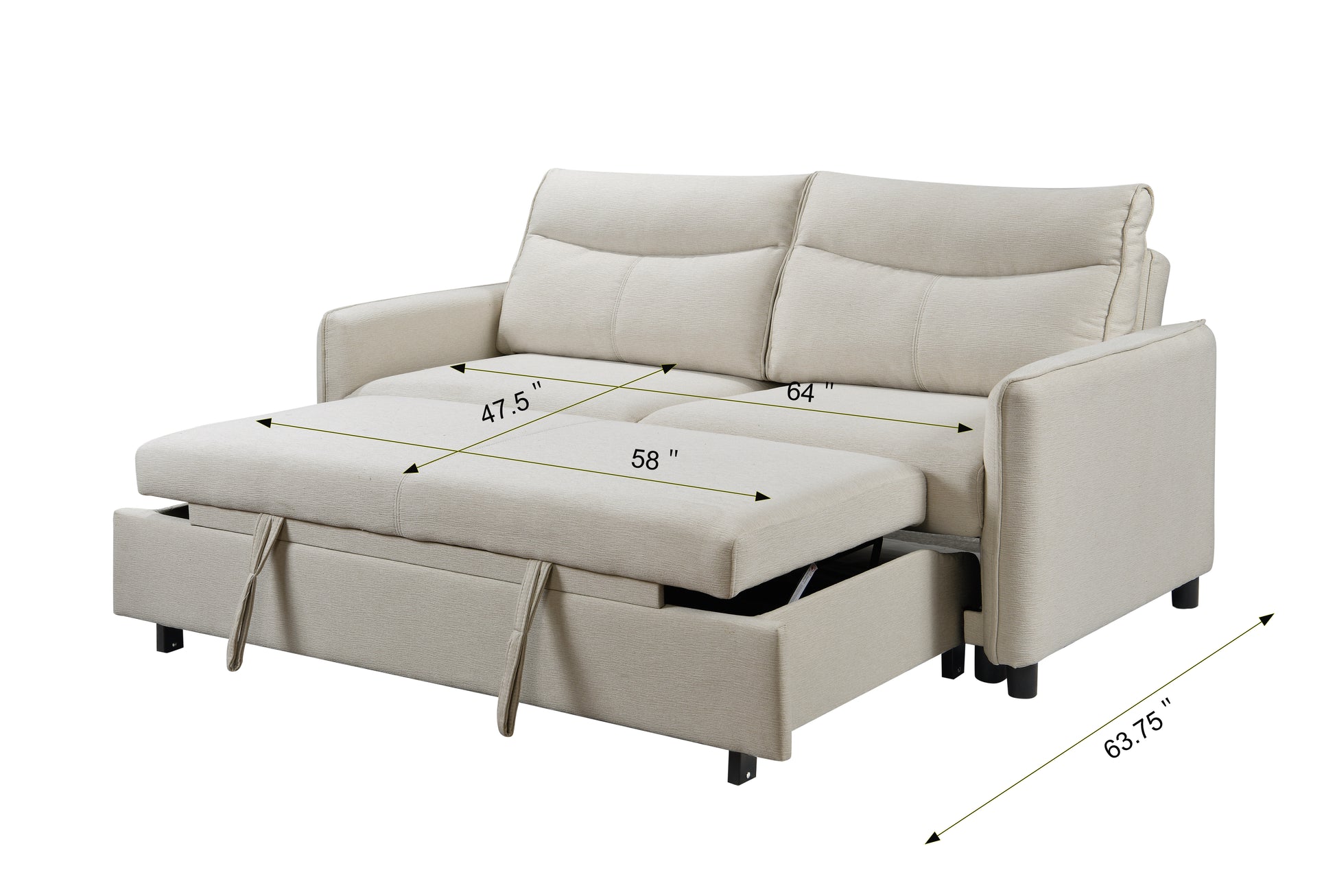 3 In 1 Convertible Sleeper Sofa Bed, Modern Fabric Loveseat Futon Sofa Couch W Pullout Bed, Small Beautiful Seat Lounge Sofa W Reclining Backrest, Furniture For Living Room, Beige Beige Foam Upholstered