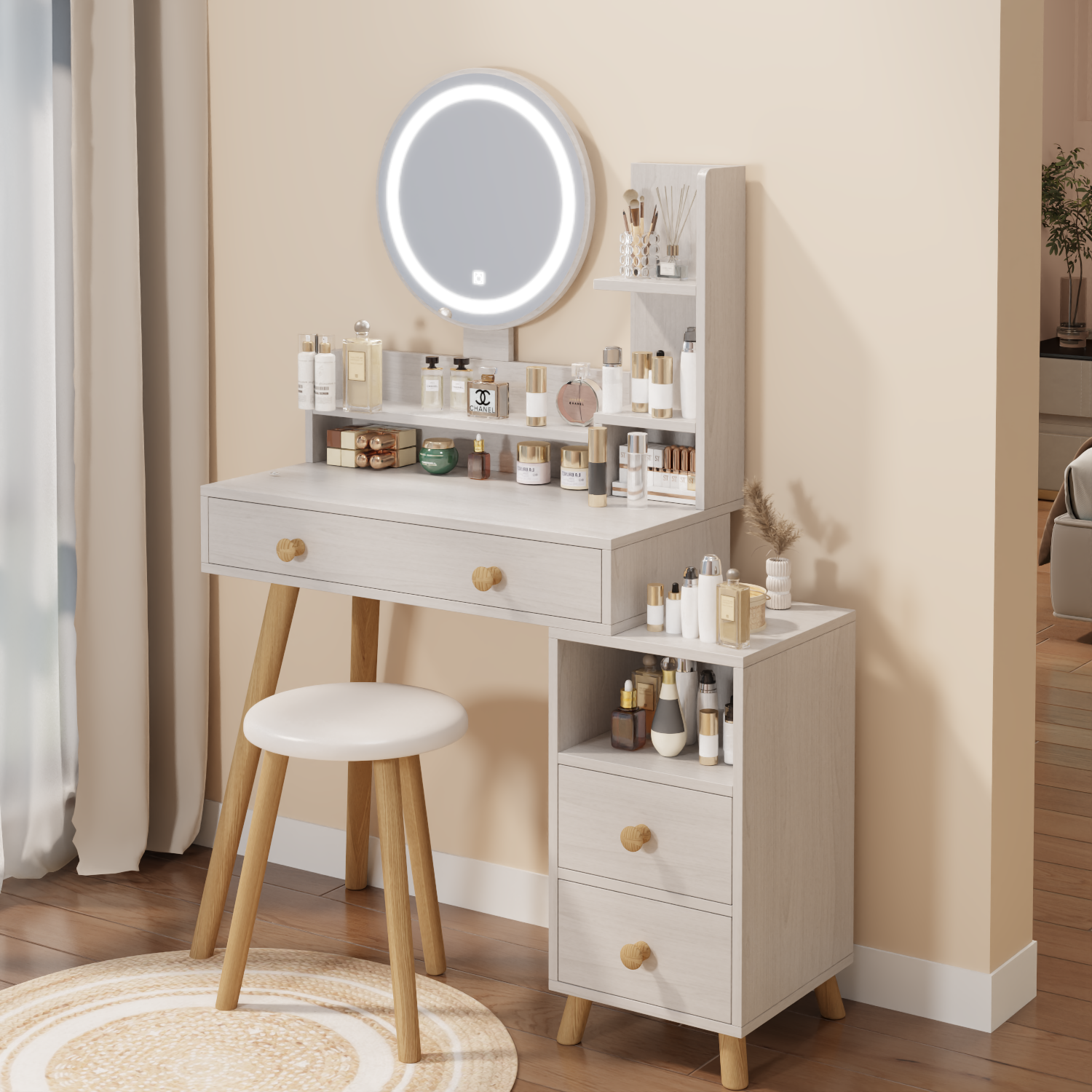 Round Mirror Bedside Cabinet Vanity Table Cushioned Stool, 17" Diameter Led Mirror, Touch Control, 3 Color, Brightness Adjustable, Large Desktop, Right Bedside Cabinet, Multi Layer Storage White Oak Mdf