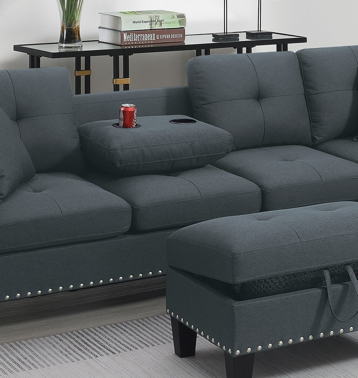 Living Room Furniture 3 Pcs Sectional Sofa Set Laf Sofa Raf Chaise And Storage Ottoman Cup Holder Charcoal Color Linen Like Fabric Couch Charcoal Primary Living Space Contemporary,Modern,Transitional L Shaped Rubberwood Fabric 5 Seat