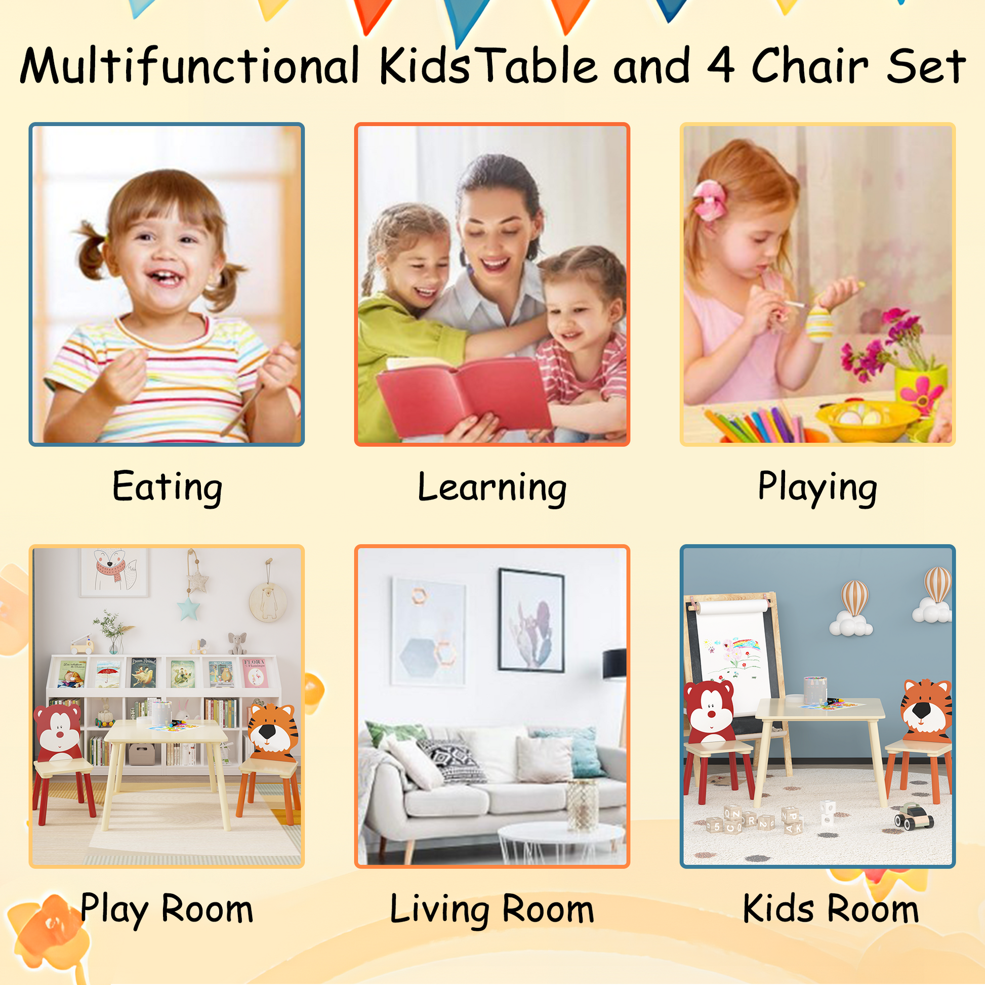 Kids Table And 2 Chairs Set, 3 Pieces Toddler Table And Chair Set, Wooden Activity Play Table Set Bear&Tiger Natural Solid Wood Mdf