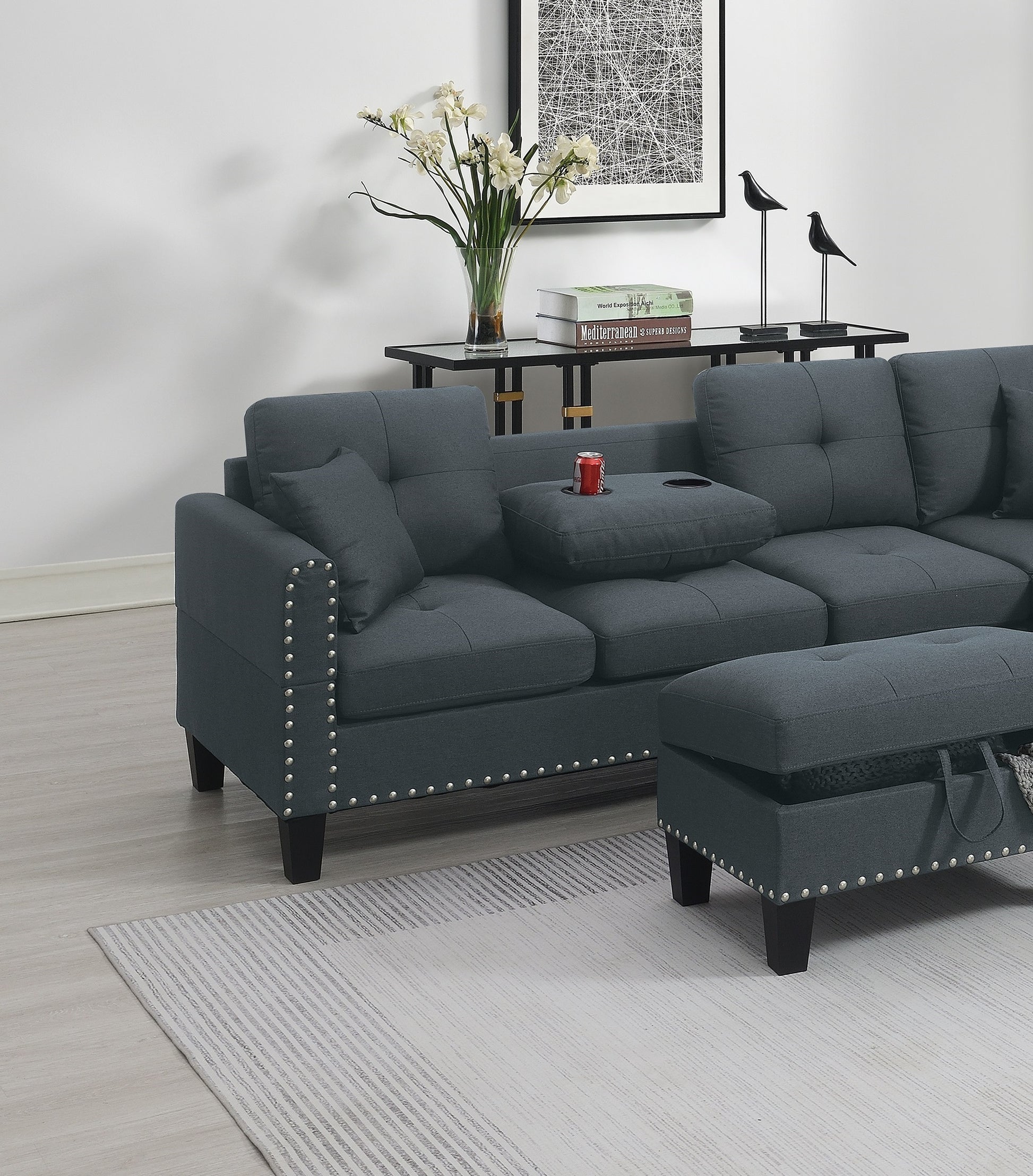 Living Room Furniture 3 Pcs Sectional Sofa Set Laf Sofa Raf Chaise And Storage Ottoman Cup Holder Charcoal Color Linen Like Fabric Couch Charcoal Primary Living Space Contemporary,Modern,Transitional L Shaped Rubberwood Fabric 5 Seat