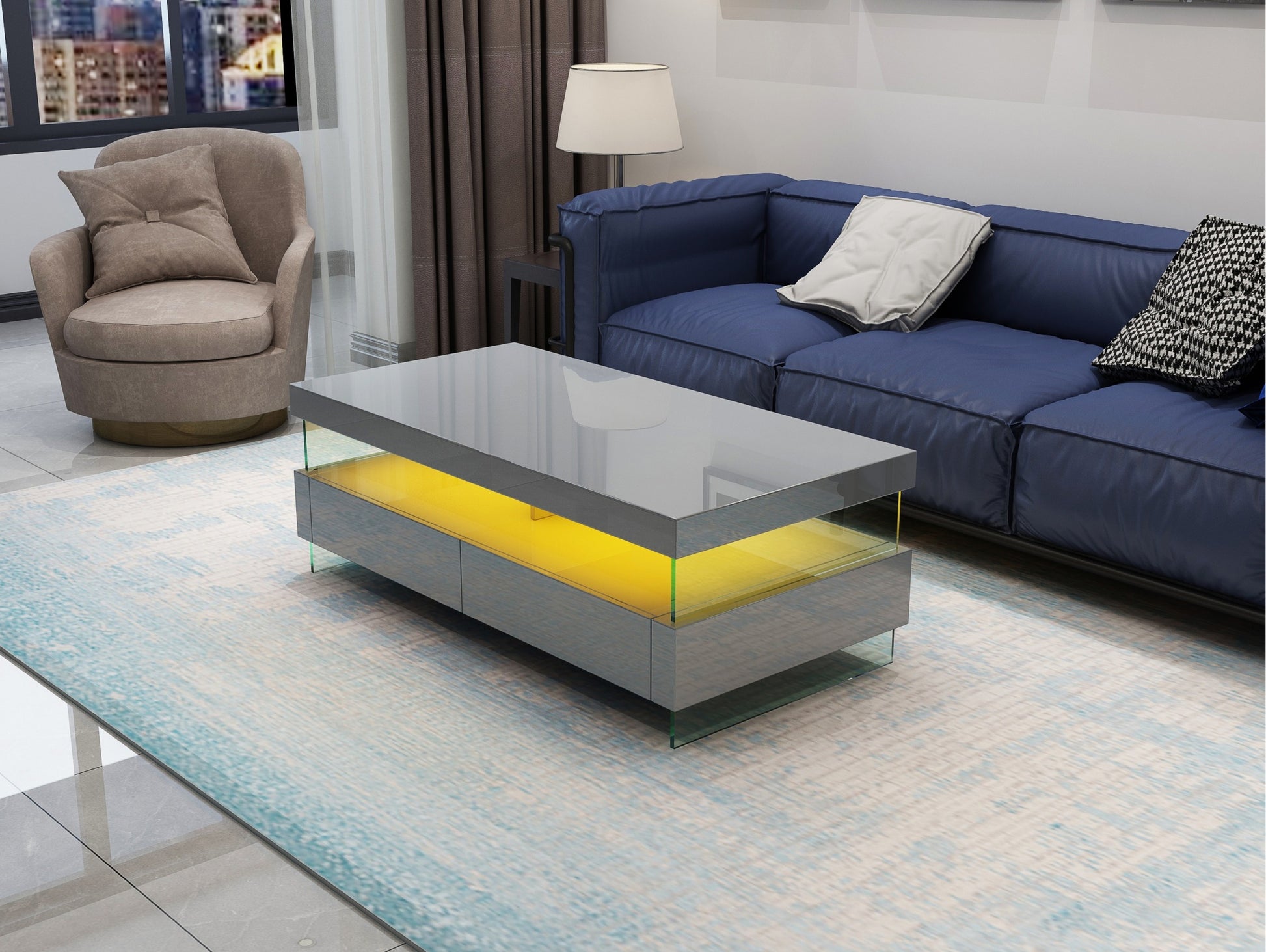 Ria Modern & Contemporary Style Built In Led Style Coffee Table In Gray Color Made With Wood & Glossy Finish Gray Primary Living Space Modern Rectangular Drawers Coffee & End Tables Glossy Solid Wood Mdf Wood