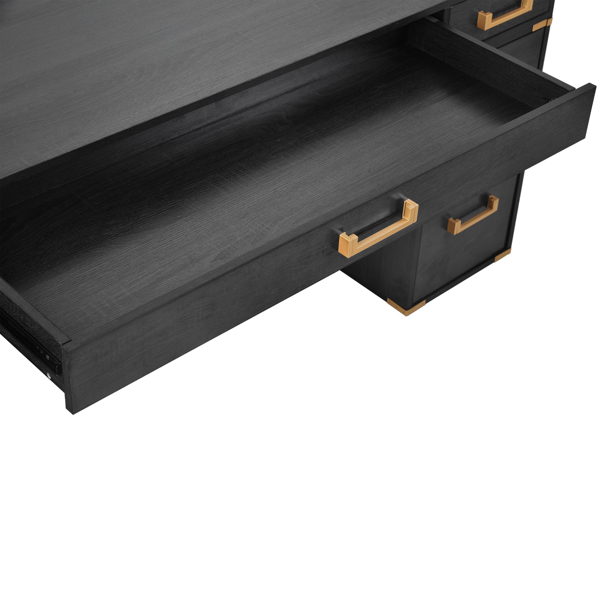 70"Classic And Traditional Executive Desk With Metal Edge Trim ,Writing Desk With 2 File Drawers,Usb Ports And Outlets,Desk With Hidden Compartment For Living Room,Home Office,Study Room,Black Black Gold Mdf Metal