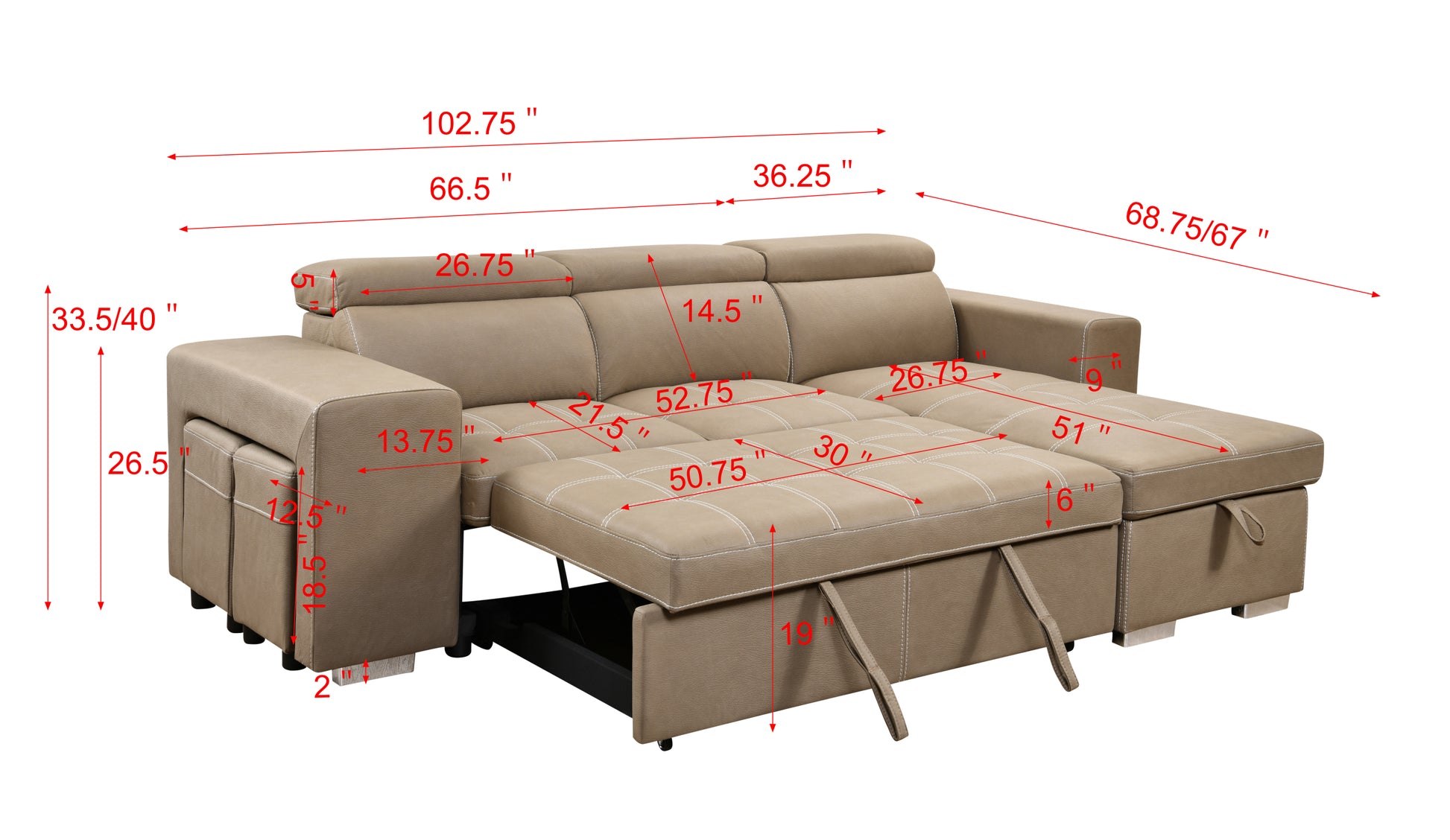 105 Inch Reversible Sectional Sofa With Storage Chaise And 2 Stools, With Adjustable Headrest, Sleeper Contemporary Corner Sectional With Pull Out Sleeper And Chaise ,Light Brown Brown Microfiber Wood Primary Living Space Soft Pillow Back Modern