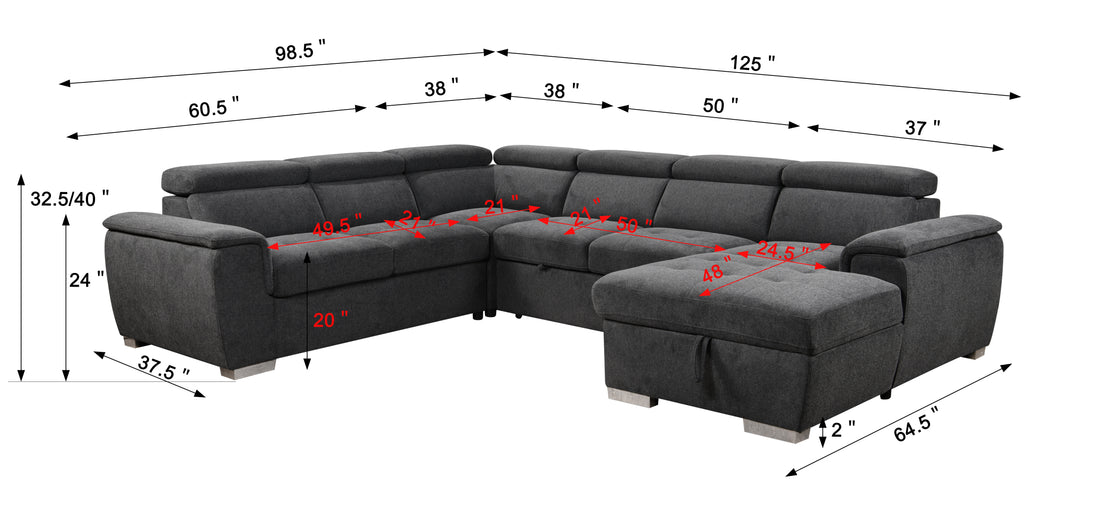 125" Modern U Shaped 7 Seat Sectional Sofa Couch With Adjustable Headrest, Sofa Bed With Storage Chaise Pull Out Couch Bed For Living Room ,Dark Gray Dark Gray Foam Upholstered