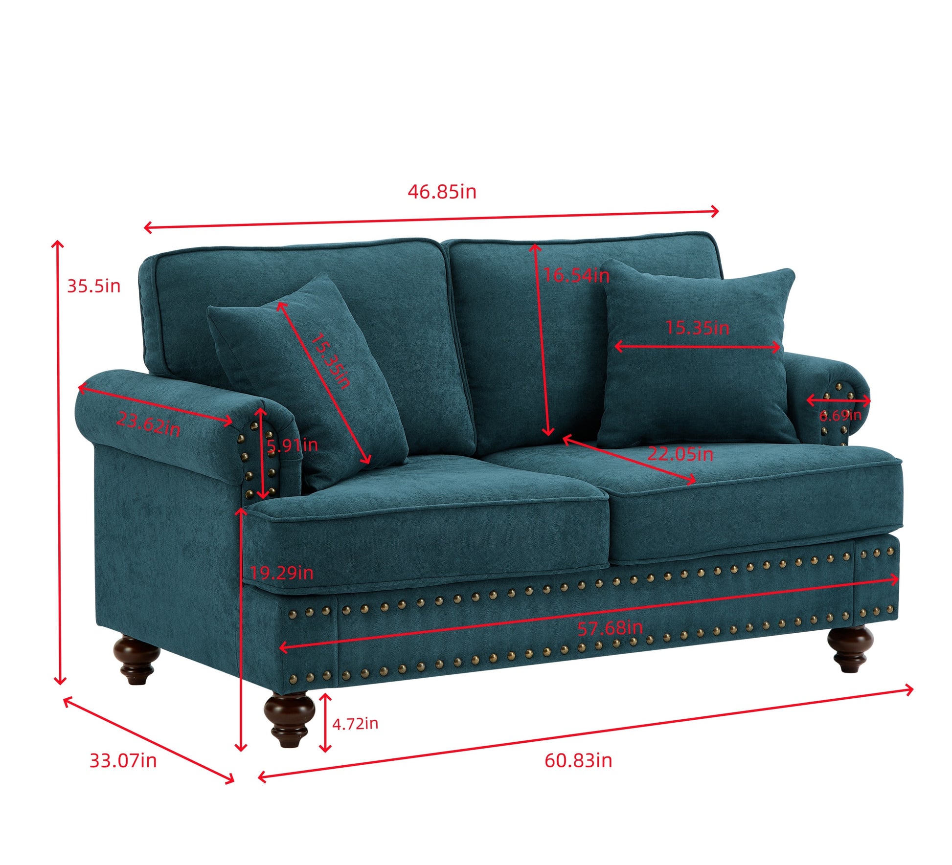 Modern Sofa For Living Room,61" Green Chenille Sofa Couch, Sectional Beautiful Seat Sofa Couch With Brown Legs, Upholstered Sofa For Apartment Bedroom Home Office Lake Green Brown Wood Primary Living Space Soft Cushion Back American Design Rolled Arms