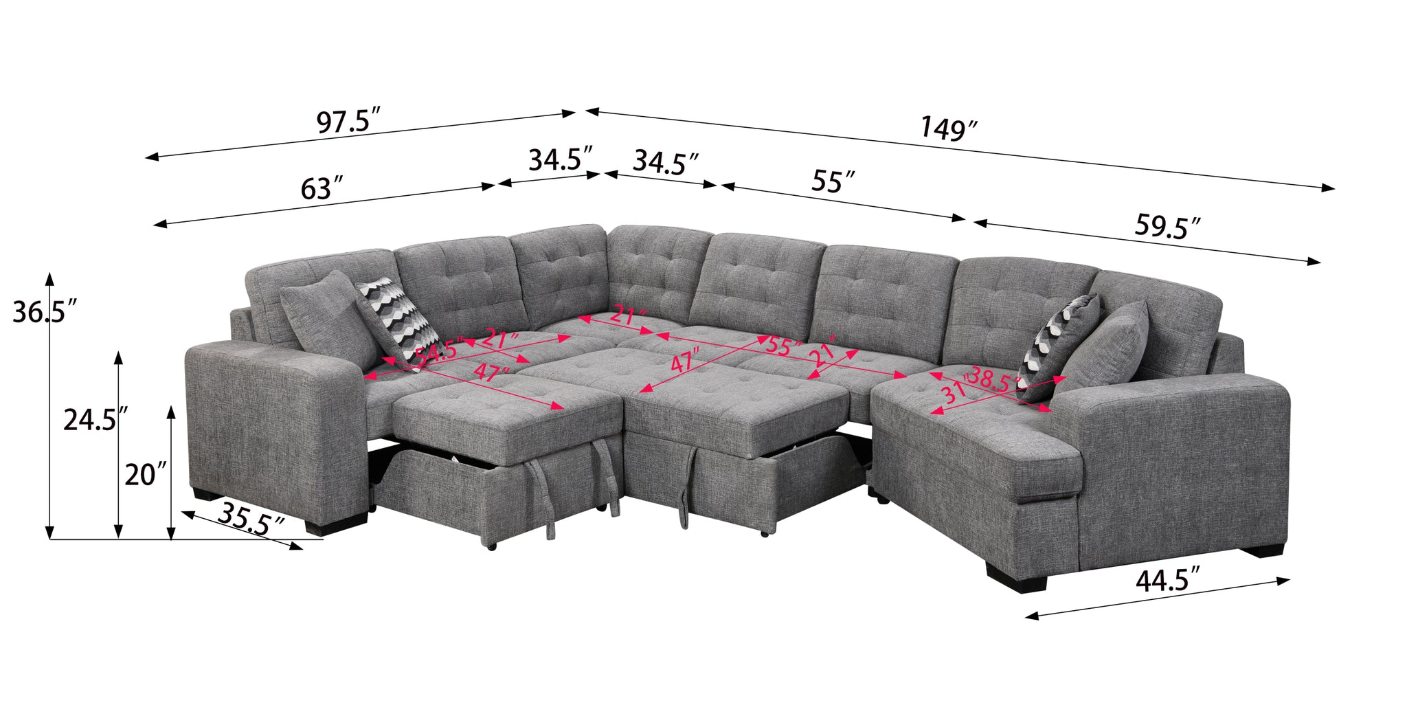 149" Oversized Sectional Modern Large Upholstered U Shape Sectional Sofa, Extra Wide Chaise Lounge Couch For Home, Bedroom, Apartment, Dorm, Office, Grey Grey Foam Upholstered