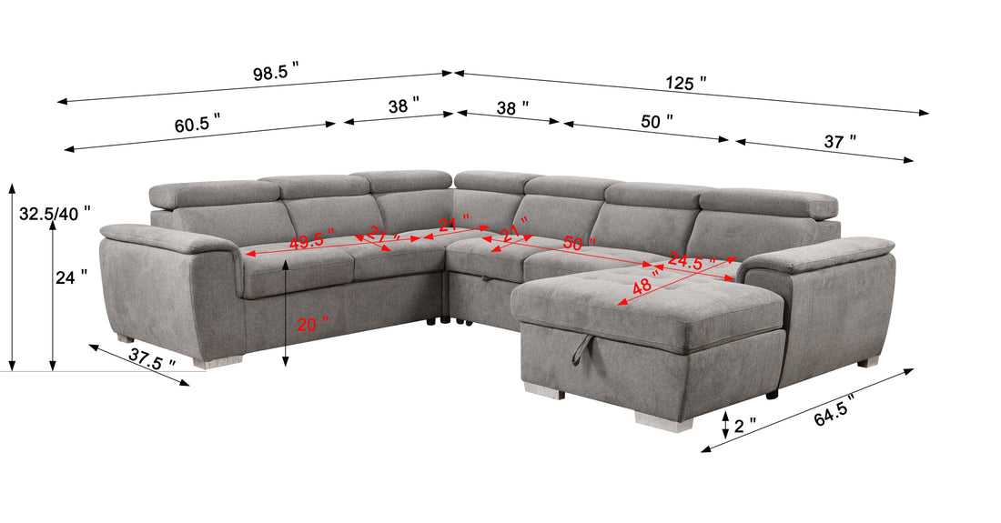 125" Modern U Shaped 7 Seat Sectional Sofa Couch With Adjustable Headrest, Sofa Bed With Storage Chaise Pull Out Couch Bed For Living Room ,Light Gray Light Gray Foam Upholstered