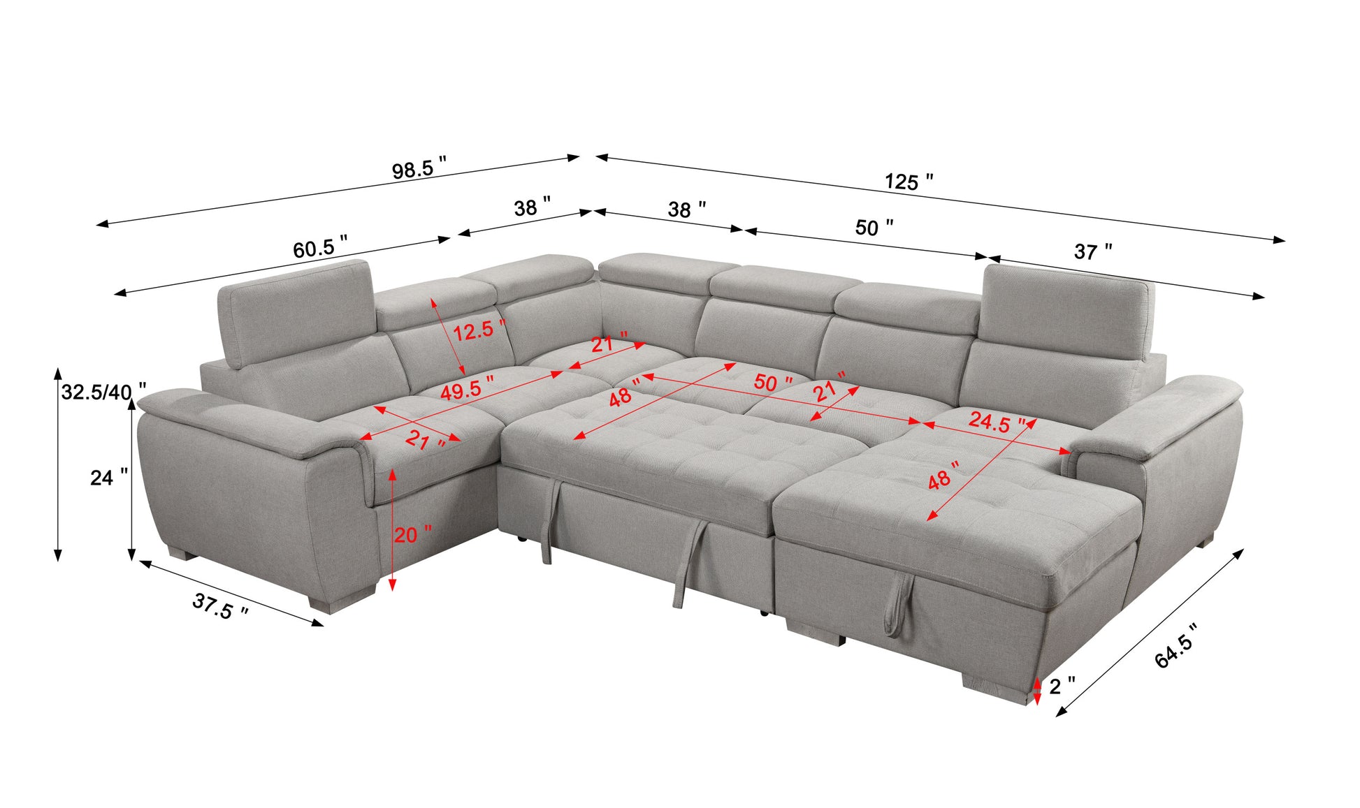 125" Modern U Shaped 7 Seat Sectional Sofa Couch With Adjustable Headrest, Sofa Bed With Storage Chaise Pull Out Couch Bed For Living Room ,Light Gray Light Gray Foam Upholstered