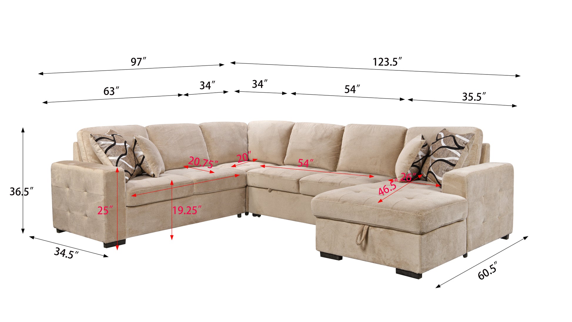 123" Oversized Sectional Sofa With Storage Chaise, U Shaped Sectional Couch With 4 Throw Pillows For Large Space Dorm Apartment. Beige Beige Foam Upholstered