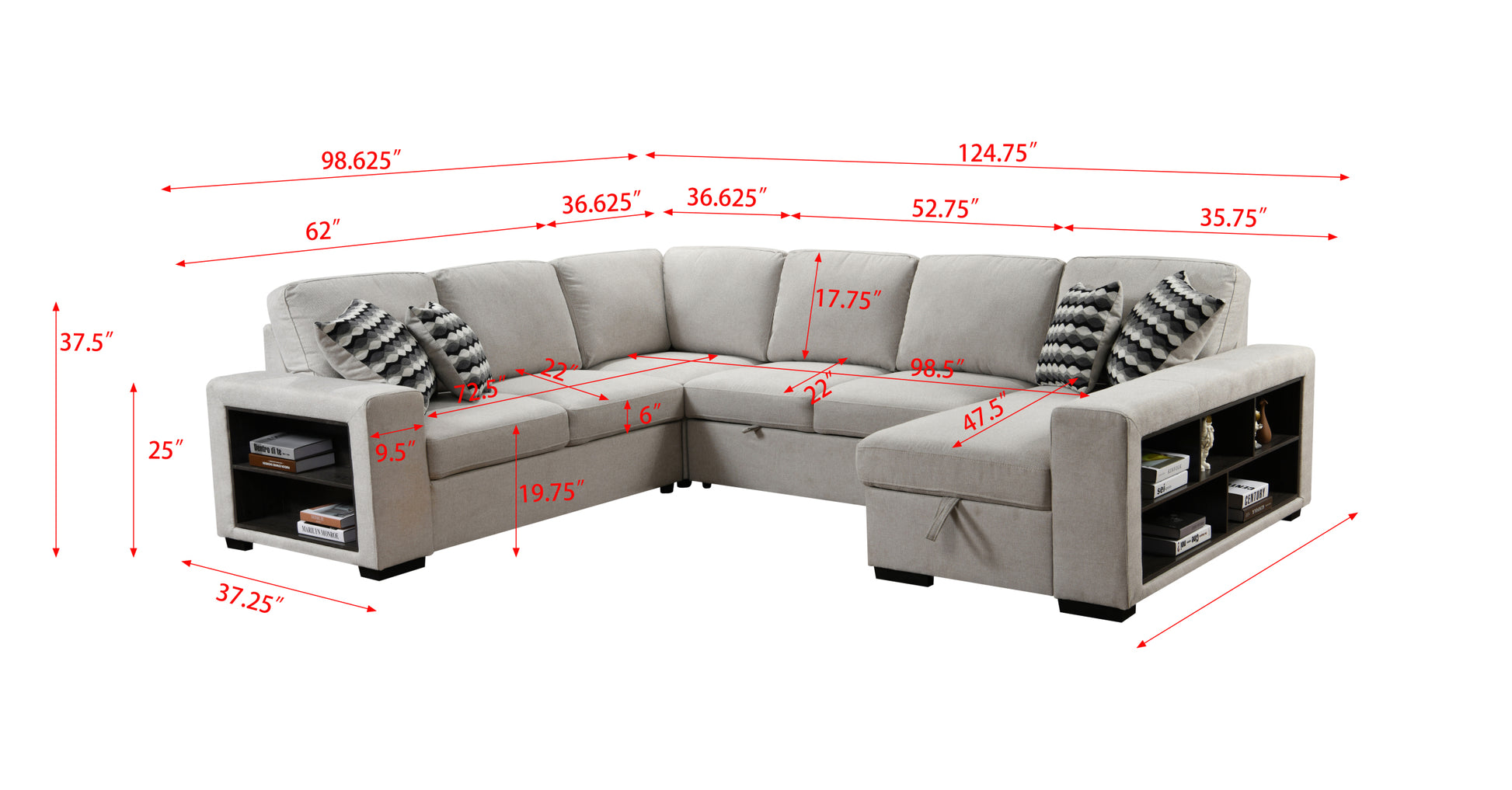 125'' Modern U Shaped 7 Seat Sectional Sofa Couch With Cabinet,Sofa Bed With Storage Chaise Pull Out Couch Bed For Living Room,Beige Light Brown Wood Primary Living Space Heavy Duty Eucalyptus 7 Seat Beige Polyester Soft Pillow Back Modern Square Arms