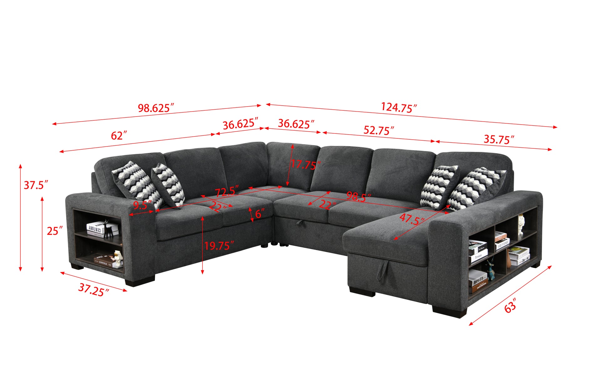 125'' Modern U Shaped 7 Seat Sectional Sofa Couch With Cabinet,Sofa Bed With Storage Chaise Pull Out Couch Bed For Living Room,Dark Gray Light Brown Wood Primary Living Space Heavy Duty Eucalyptus 7 Seat Dark Gray Polyester Soft Pillow Back Modern Square