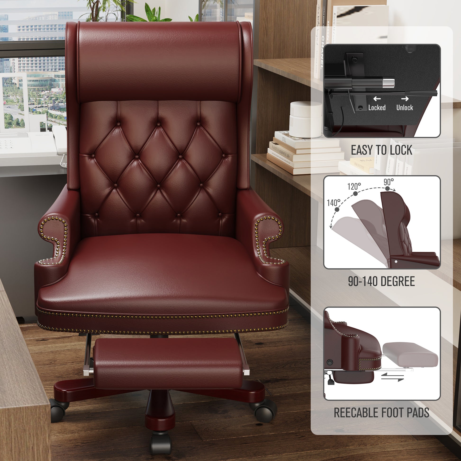 330Lbs Executive Office Chair With Footstool, Ergonomic Design High Back Reclining Comfortable Desk Chair Burdy Burgundy Pu Leather