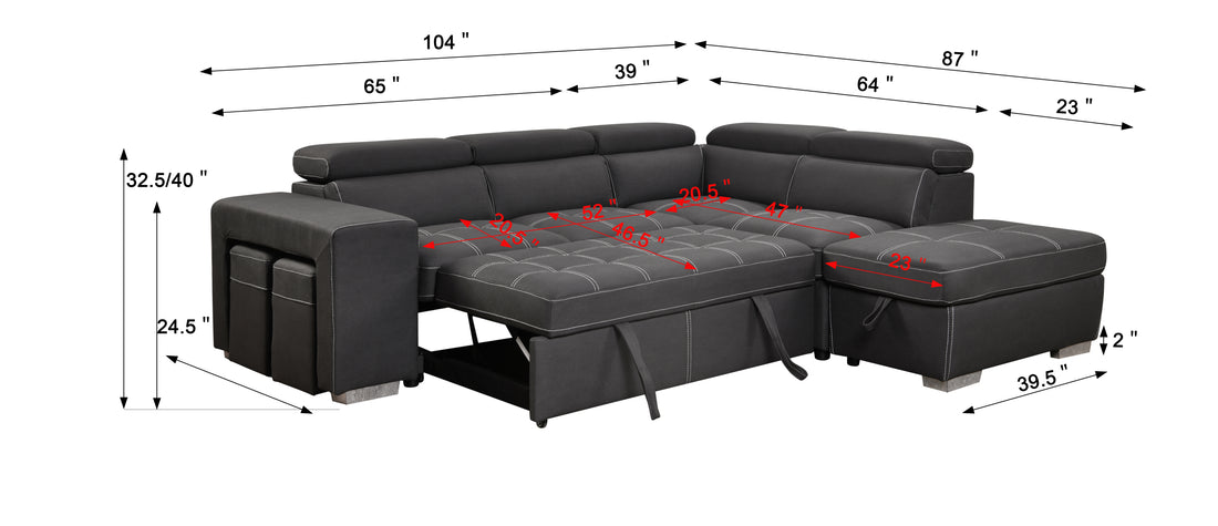 105" Sectional Sofa With Adjustable Headrest ,Sleeper Sectional Pull Out Couch Bed With Storage Ottoman And 2 Stools,Charcoal Grey Charcoal Grey Foam Upholstered